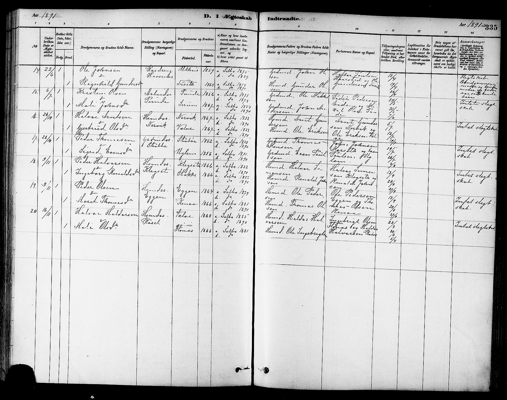 Ministerialprotokoller, klokkerbøker og fødselsregistre - Sør-Trøndelag, SAT/A-1456/695/L1148: Parish register (official) no. 695A08, 1878-1891, p. 335