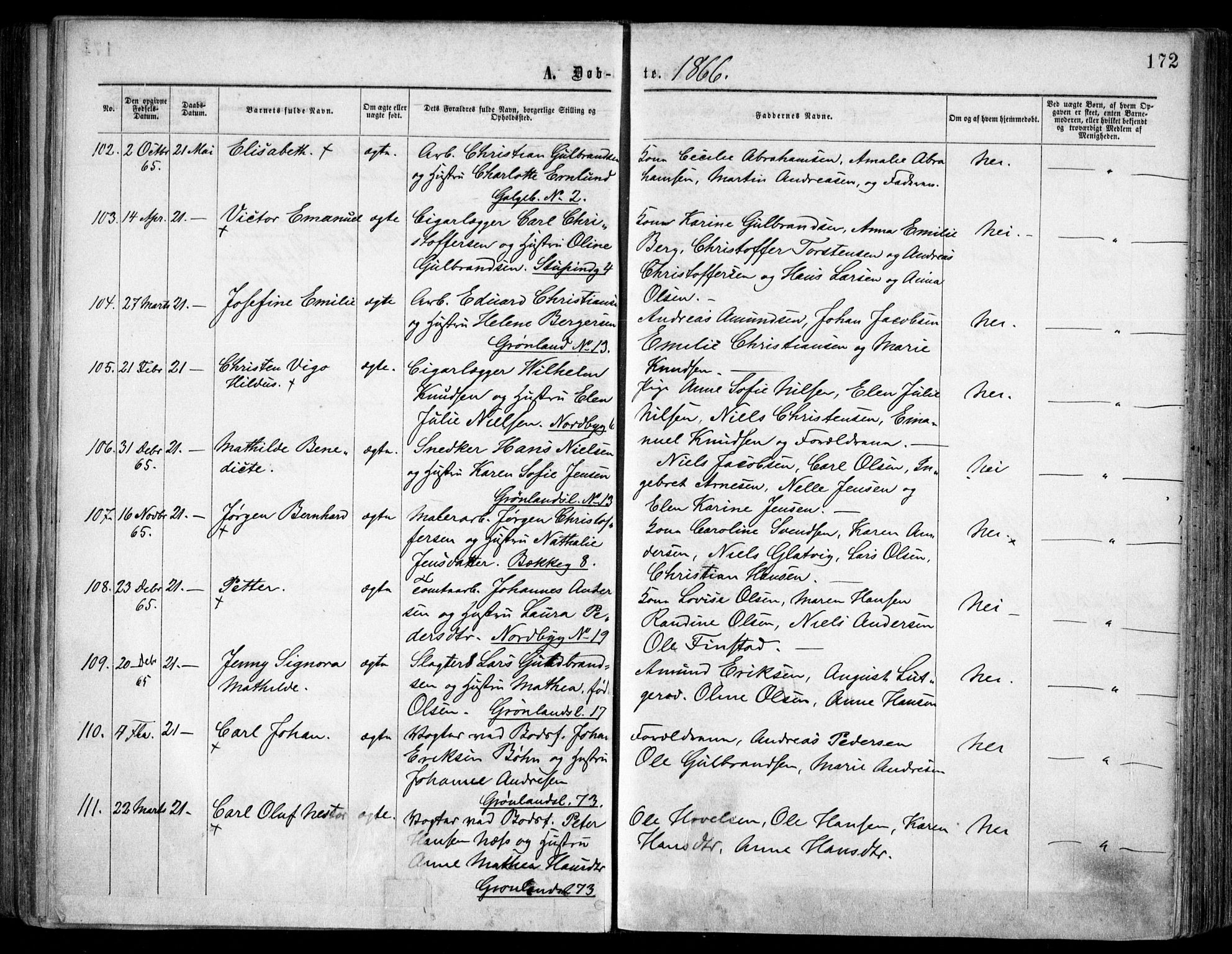 Grønland prestekontor Kirkebøker, SAO/A-10848/F/Fa/L0002: Parish register (official) no. 2, 1862-1868, p. 172