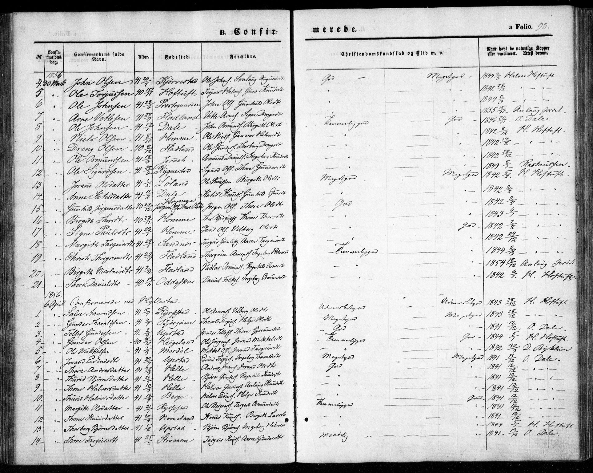 Valle sokneprestkontor, SAK/1111-0044/F/Fa/Fac/L0007: Parish register (official) no. A 7, 1854-1868, p. 98