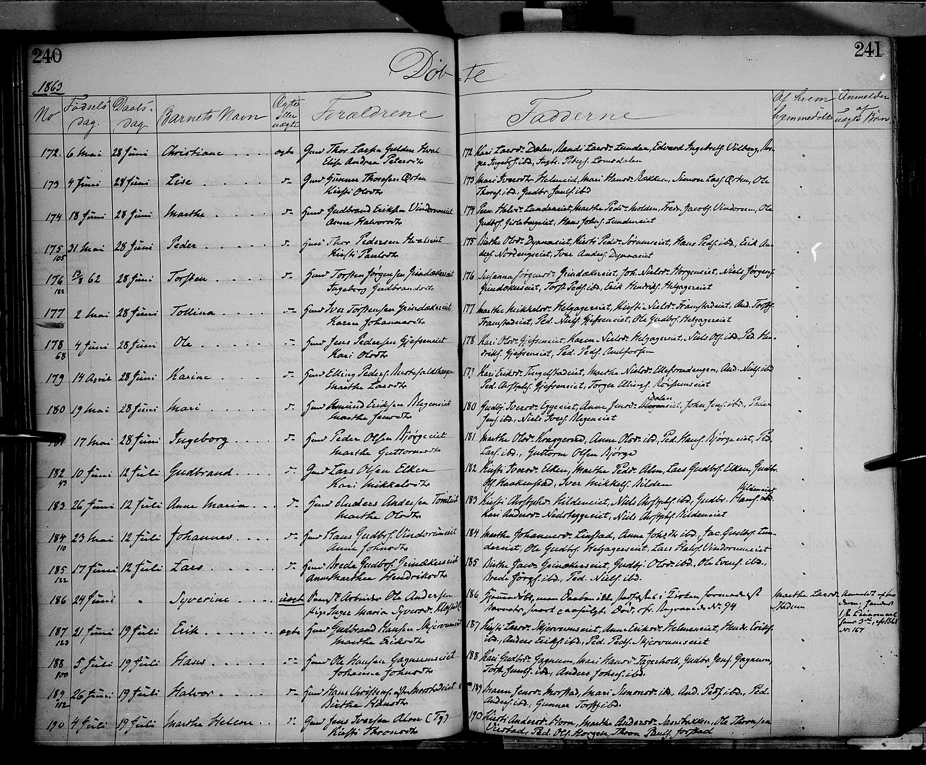 Gran prestekontor, AV/SAH-PREST-112/H/Ha/Haa/L0012: Parish register (official) no. 12, 1856-1874, p. 240-241