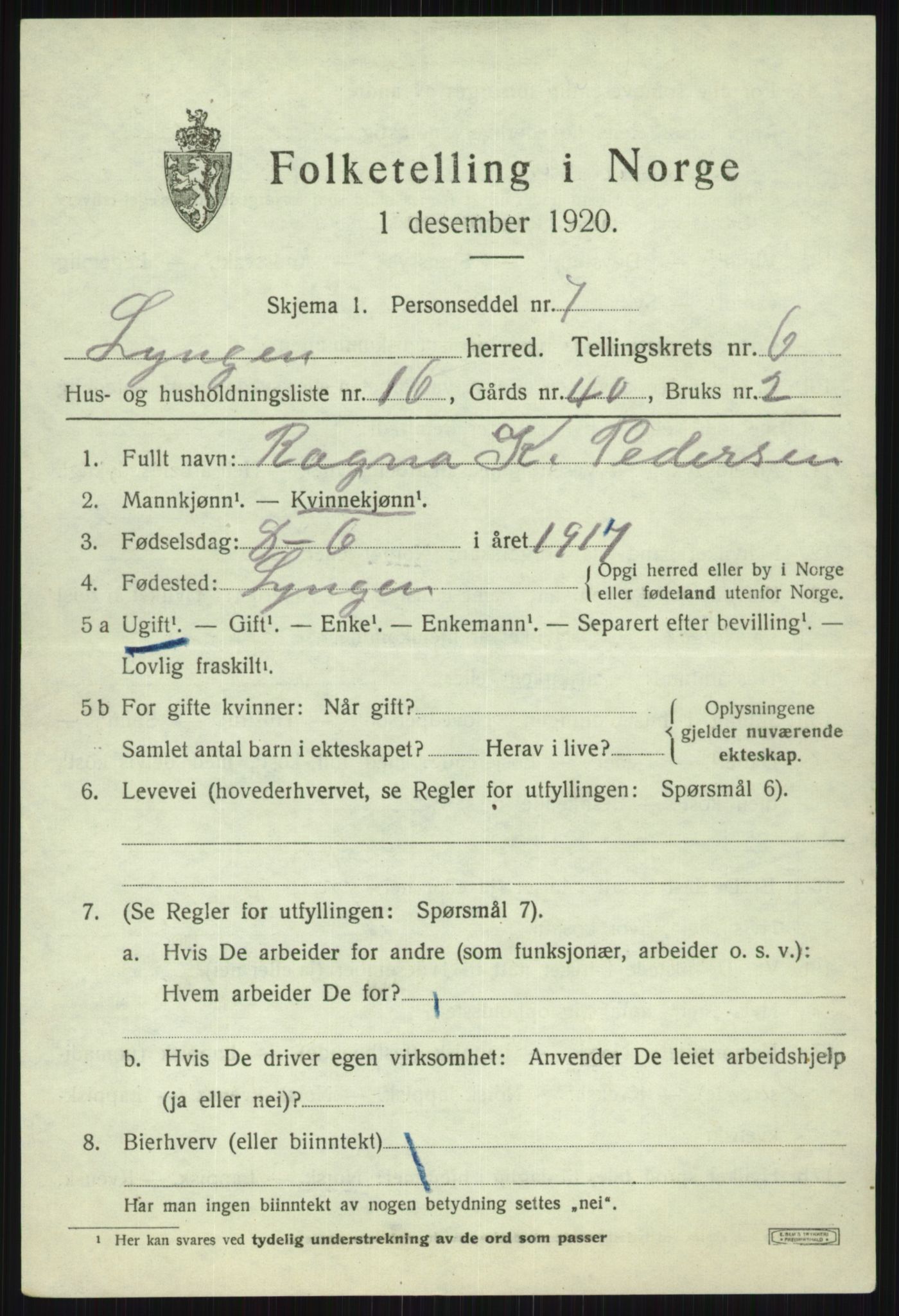 SATØ, 1920 census for Lyngen, 1920, p. 6736