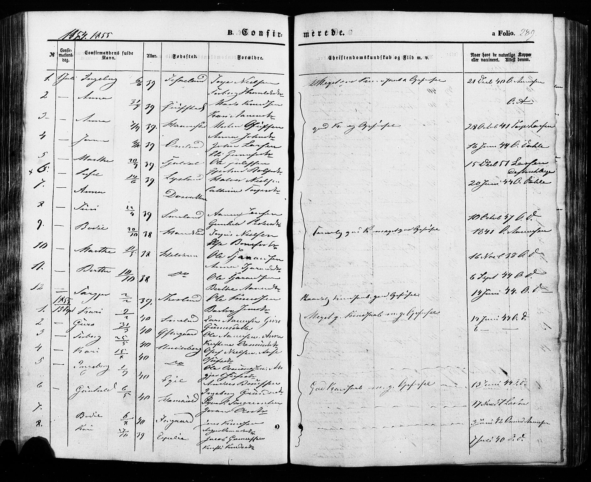 Åseral sokneprestkontor, AV/SAK-1111-0051/F/Fa/L0002: Parish register (official) no. A 2, 1854-1884, p. 289