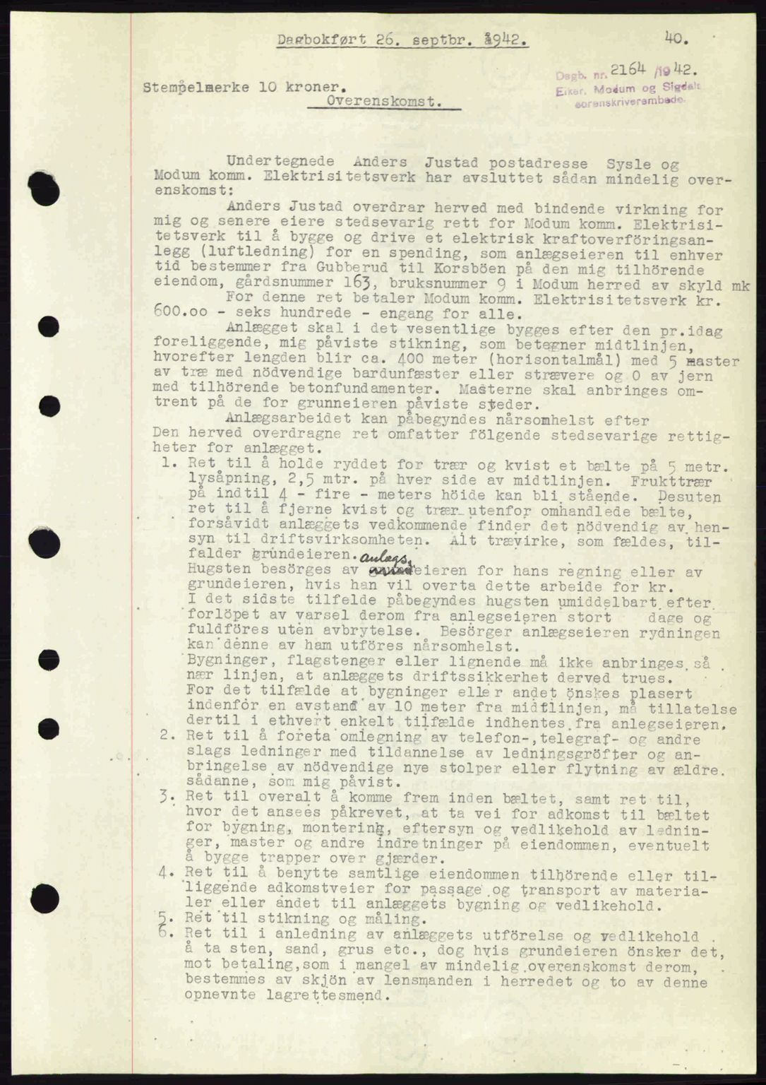 Eiker, Modum og Sigdal sorenskriveri, SAKO/A-123/G/Ga/Gab/L0047: Mortgage book no. A17, 1942-1943, Diary no: : 2164/1942