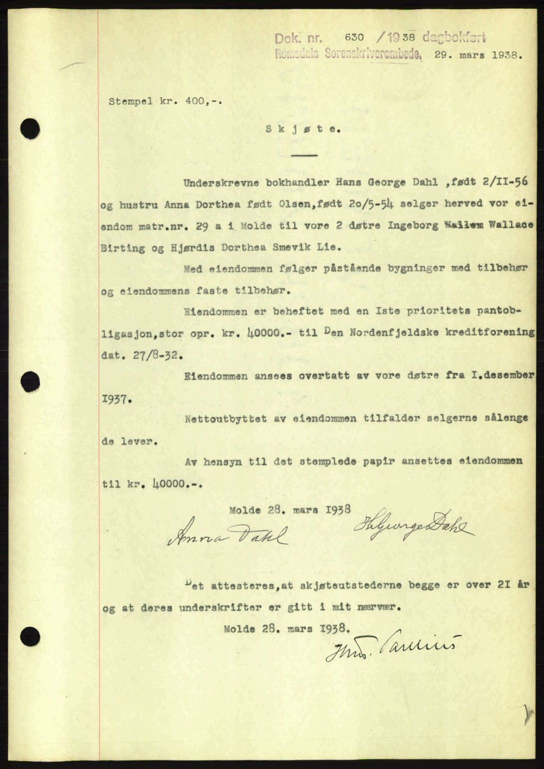 Romsdal sorenskriveri, AV/SAT-A-4149/1/2/2C: Mortgage book no. A4, 1937-1938, Diary no: : 630/1938