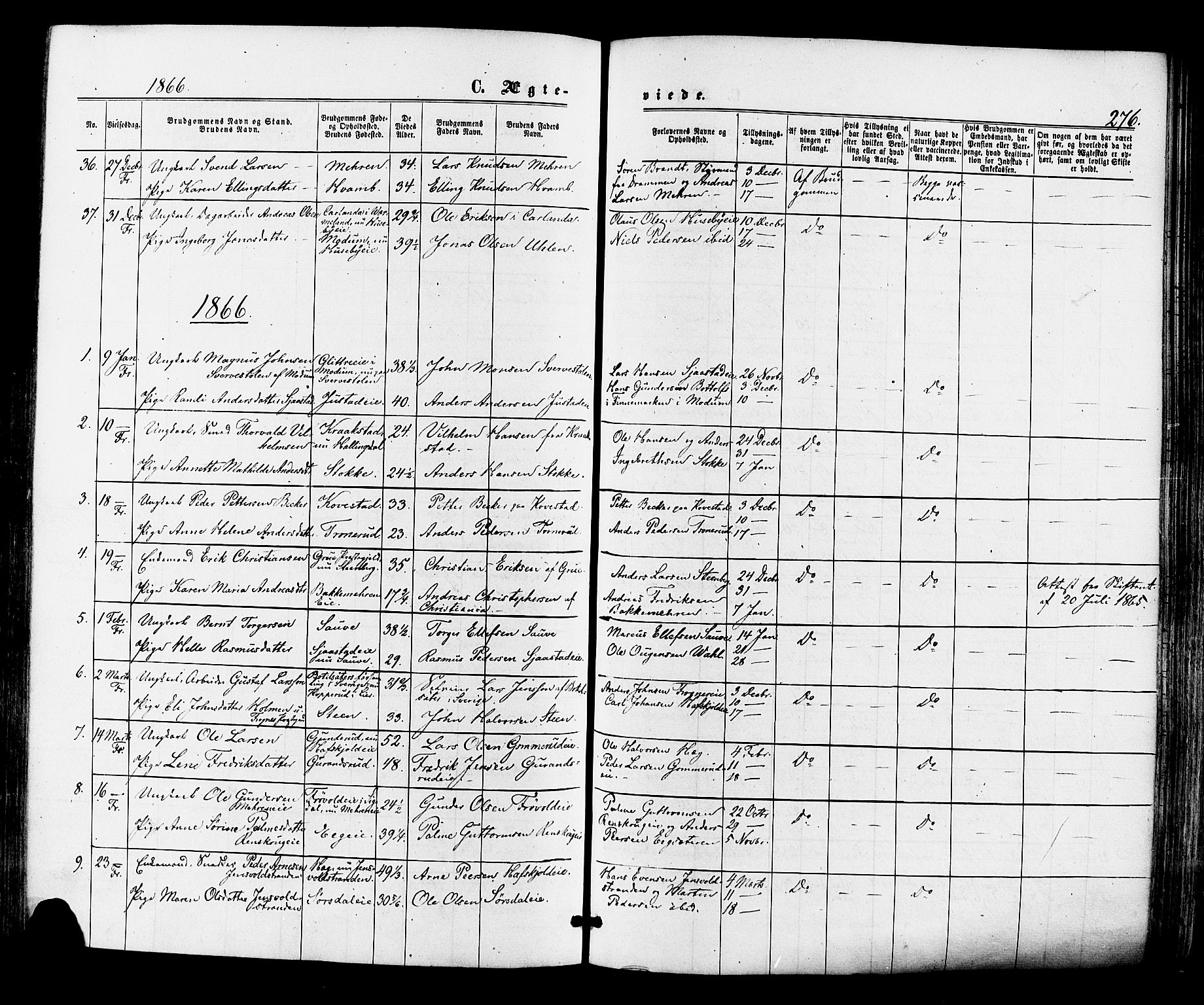 Lier kirkebøker, AV/SAKO-A-230/F/Fa/L0013: Parish register (official) no. I 13, 1865-1874, p. 276