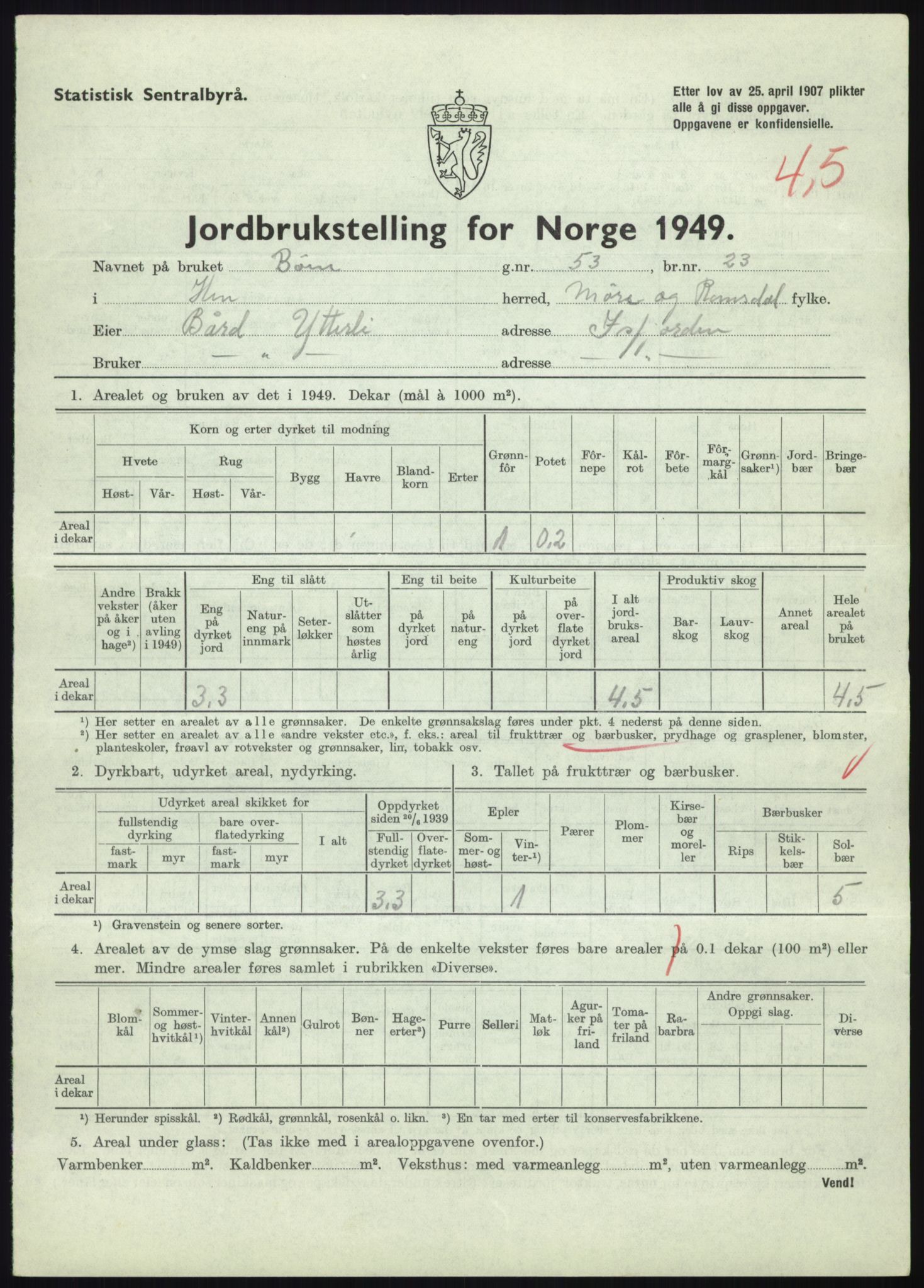 Statistisk sentralbyrå, Næringsøkonomiske emner, Jordbruk, skogbruk, jakt, fiske og fangst, AV/RA-S-2234/G/Gc/L0323: Møre og Romsdal: Grytten og Hen, 1949, p. 503