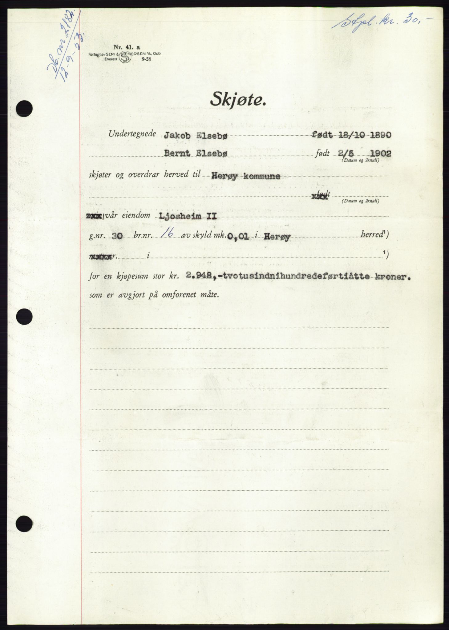Søre Sunnmøre sorenskriveri, AV/SAT-A-4122/1/2/2C/L0095: Mortgage book no. 21A, 1953-1953, Diary no: : 2182/1953