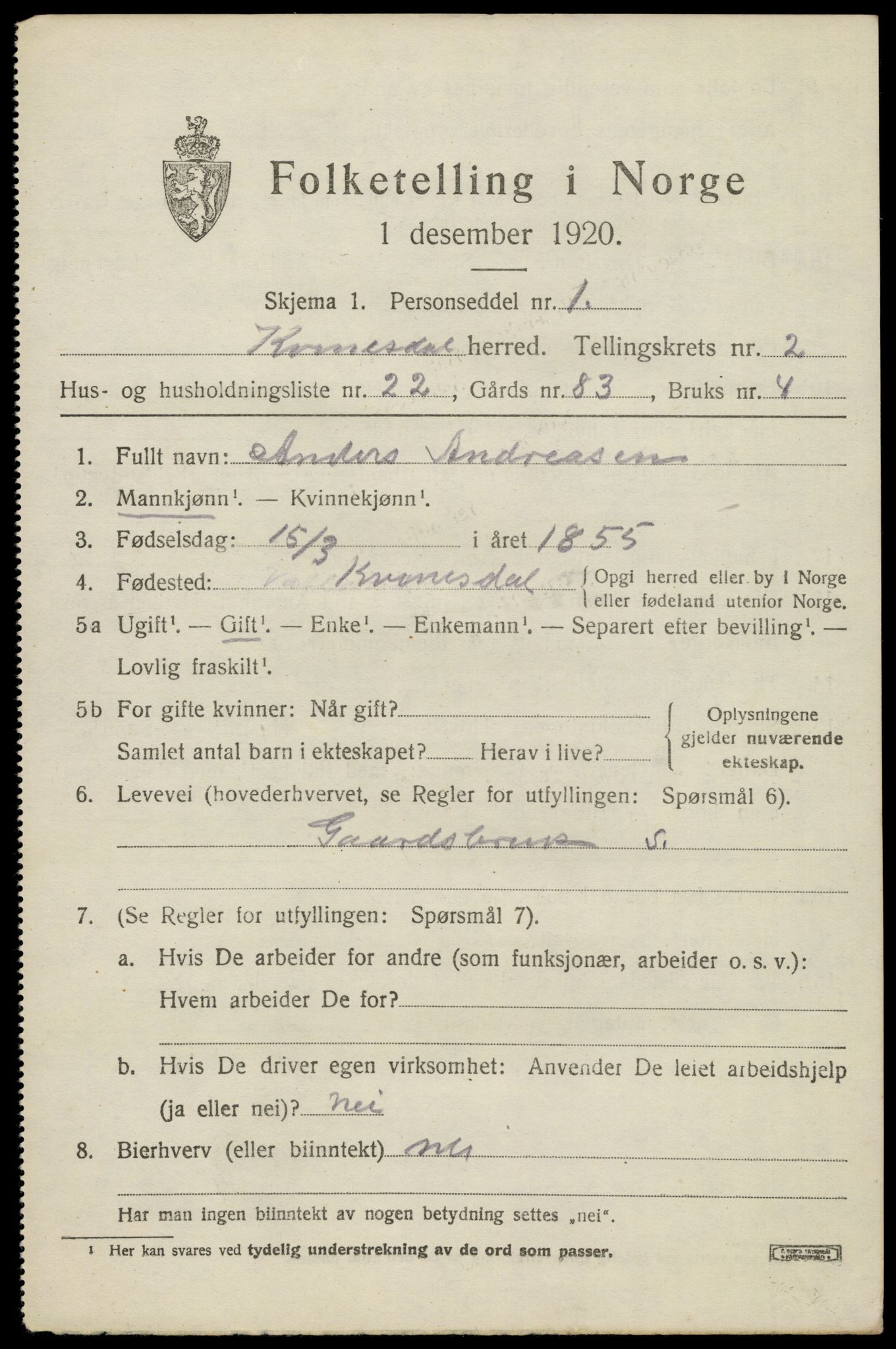 SAK, 1920 census for Kvinesdal, 1920, p. 2117