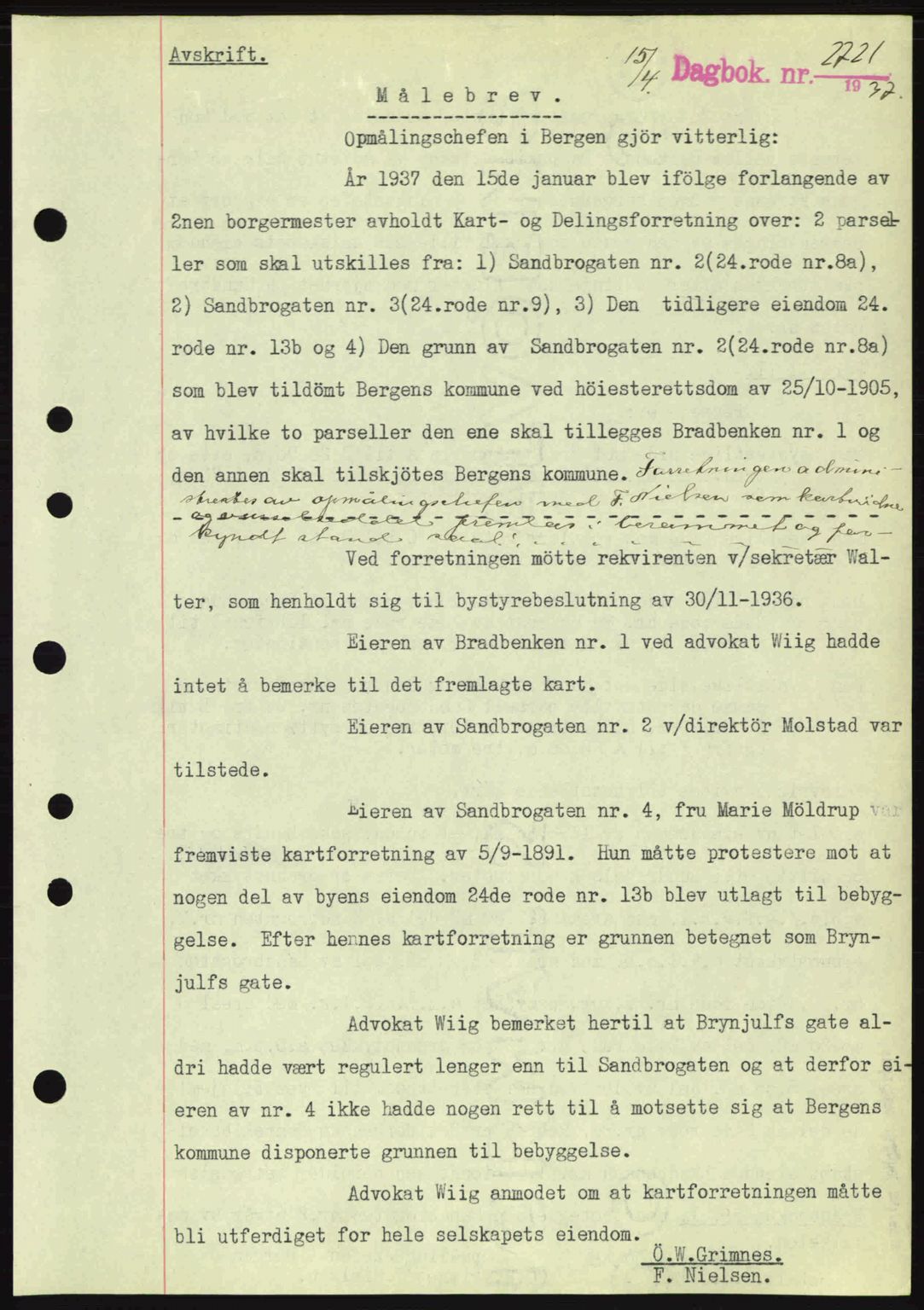 Byfogd og Byskriver i Bergen, SAB/A-3401/03/03Bc/L0004: Mortgage book no. A3-4, 1936-1937, Diary no: : 2721/1937