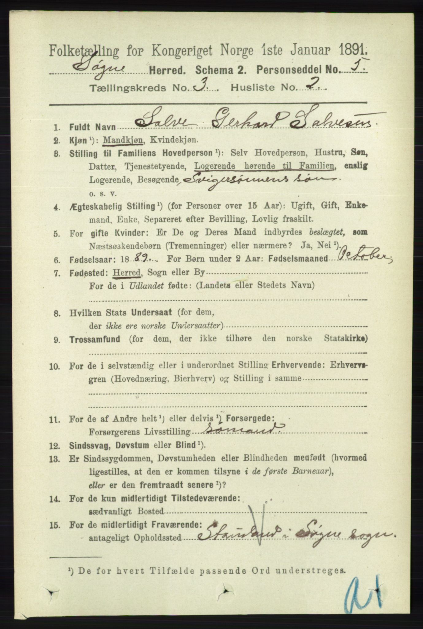 RA, 1891 census for 1018 Søgne, 1891, p. 335