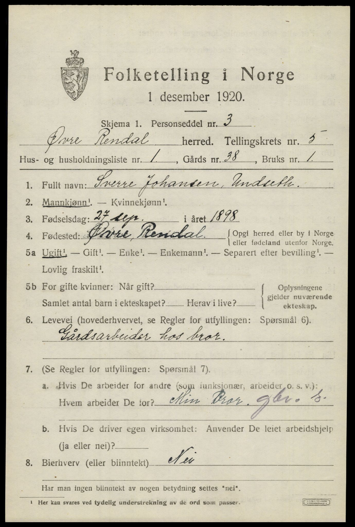 SAH, 1920 census for Øvre Rendal, 1920, p. 2051