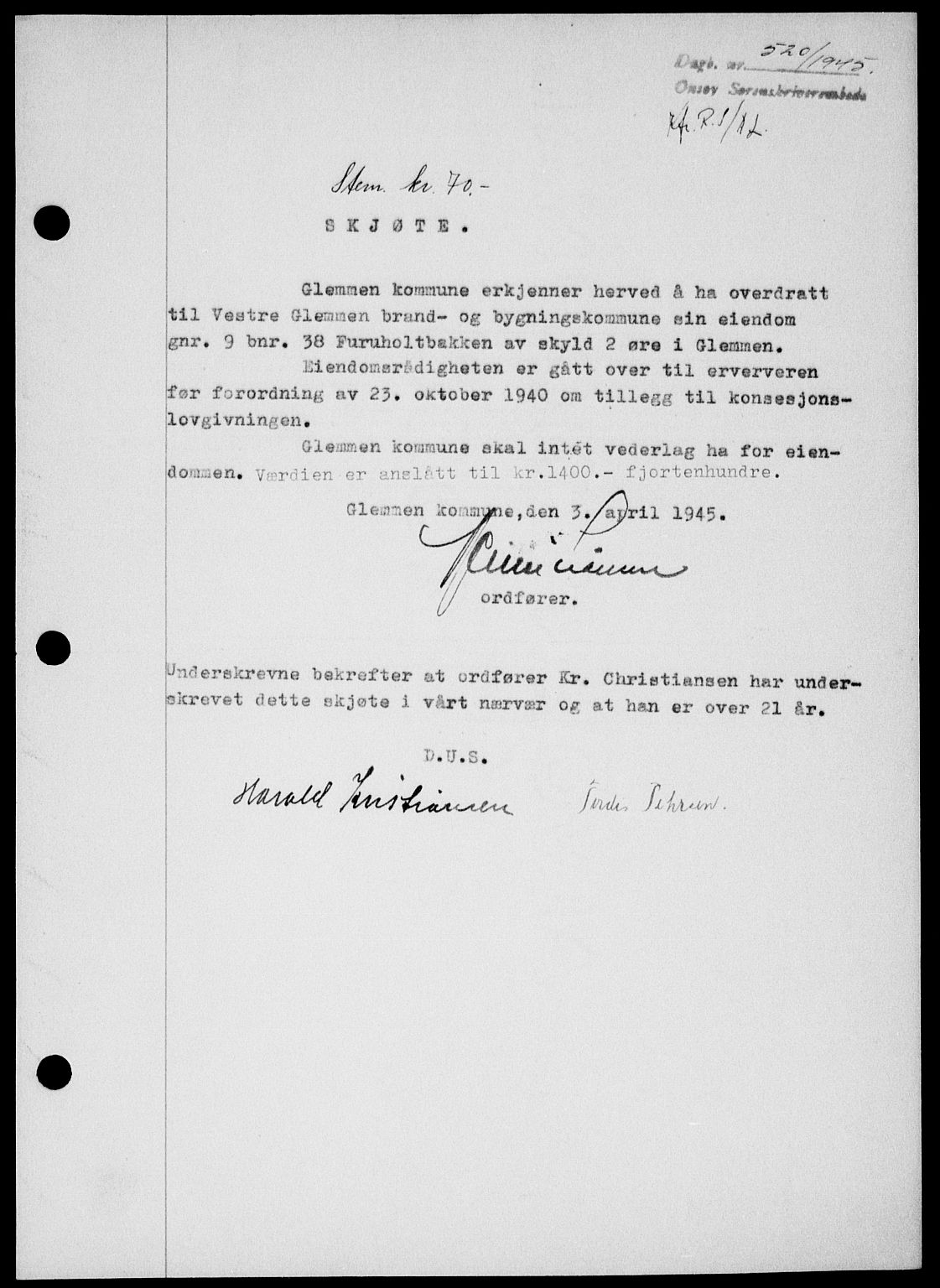 Onsøy sorenskriveri, SAO/A-10474/G/Ga/Gab/L0014: Mortgage book no. II A-14, 1944-1945, Diary no: : 520/1945