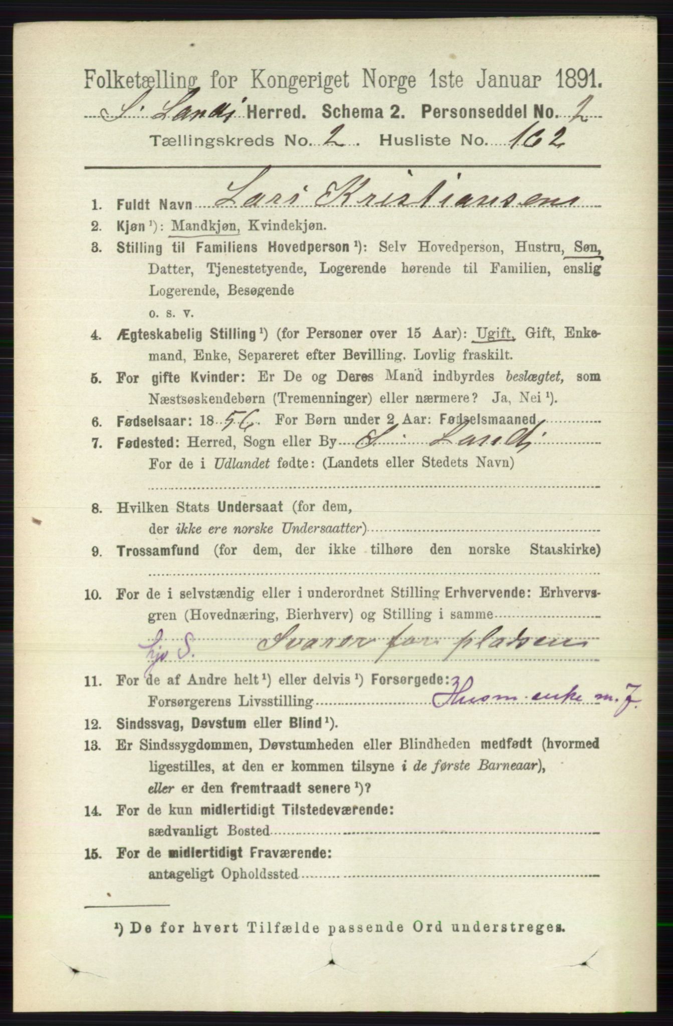 RA, 1891 census for 0536 Søndre Land, 1891, p. 2022