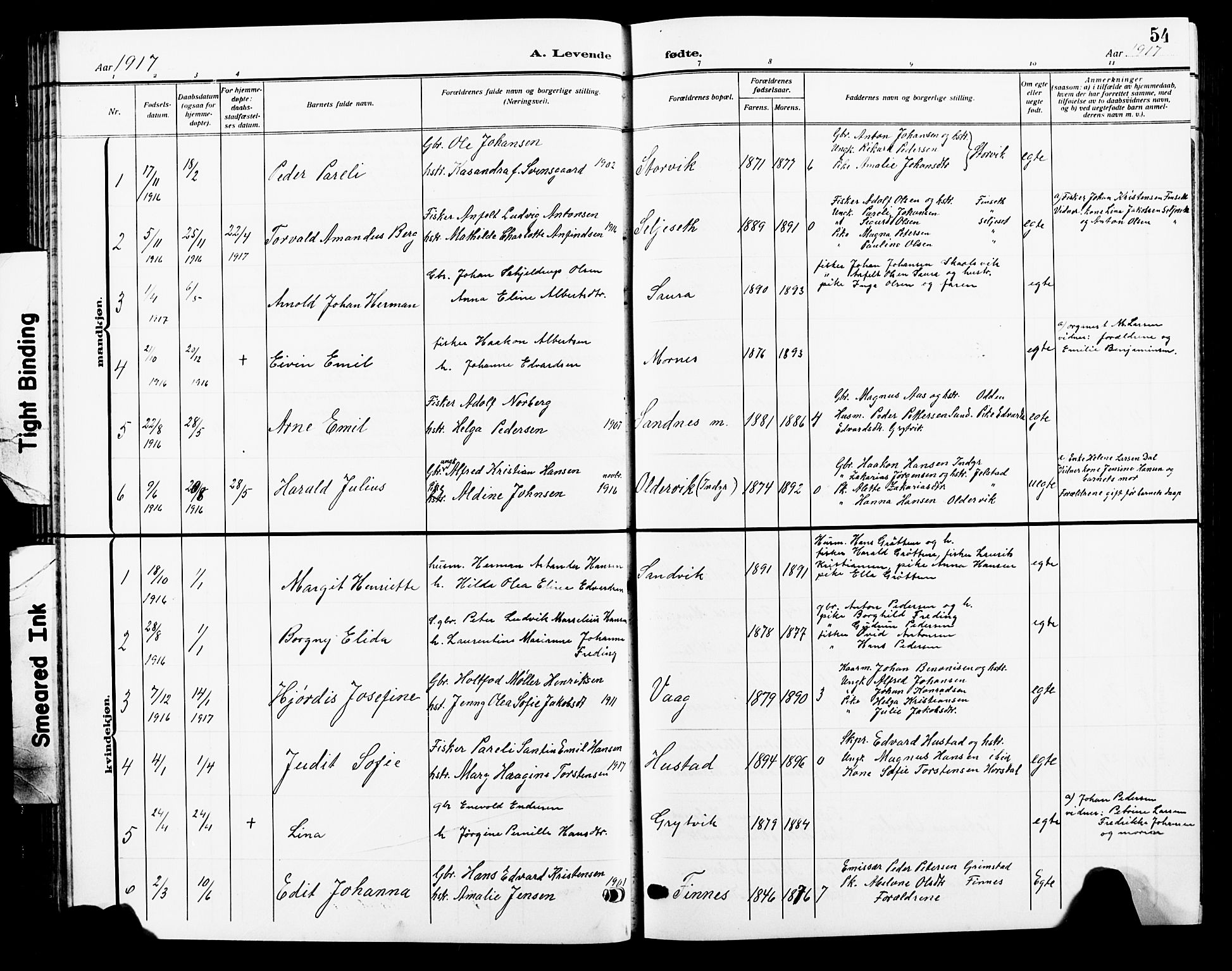 Ministerialprotokoller, klokkerbøker og fødselsregistre - Nordland, AV/SAT-A-1459/805/L0110: Parish register (copy) no. 805C06, 1909-1924, p. 54