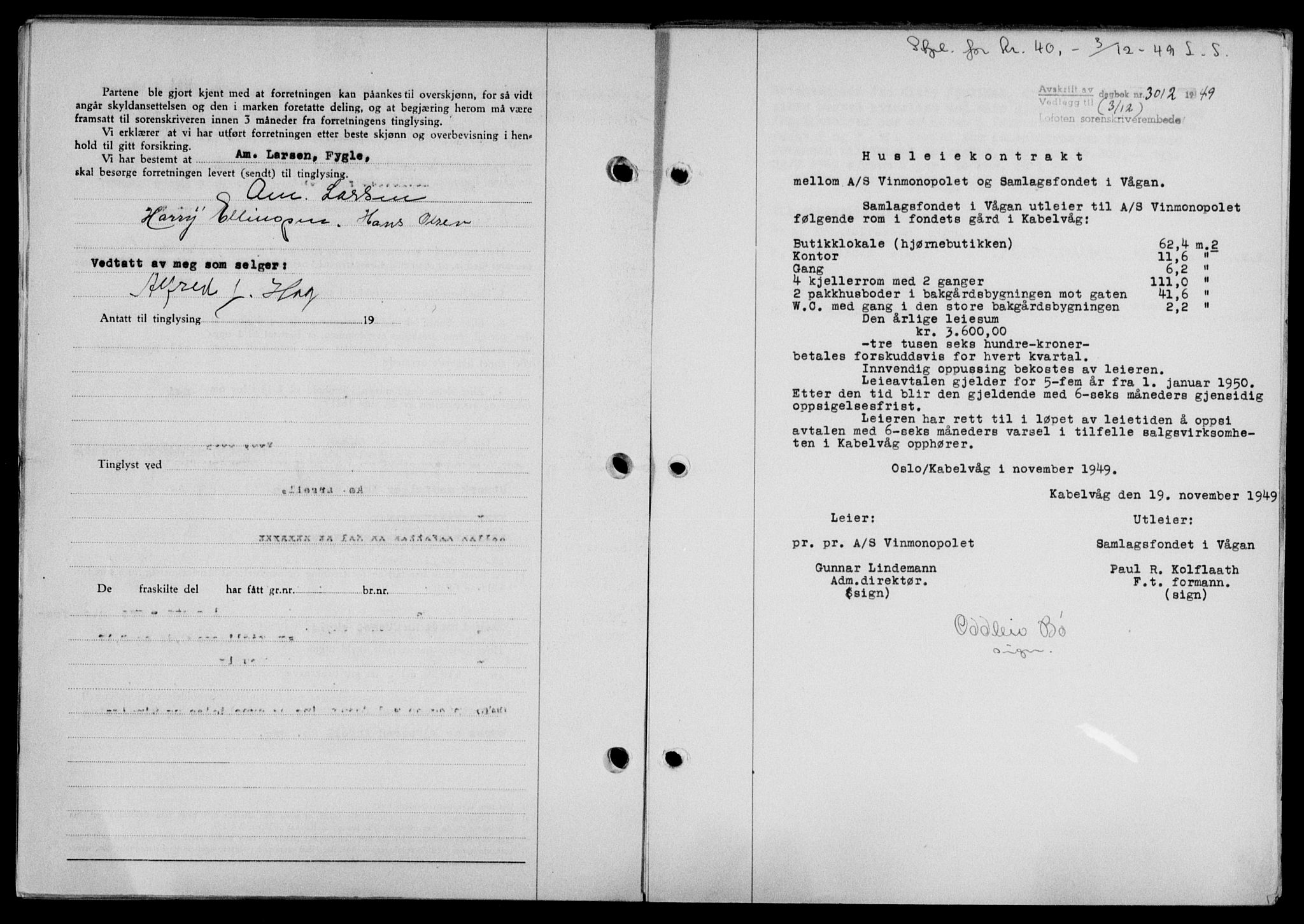 Lofoten sorenskriveri, SAT/A-0017/1/2/2C/L0022a: Mortgage book no. 22a, 1949-1950, Diary no: : 3012/1949