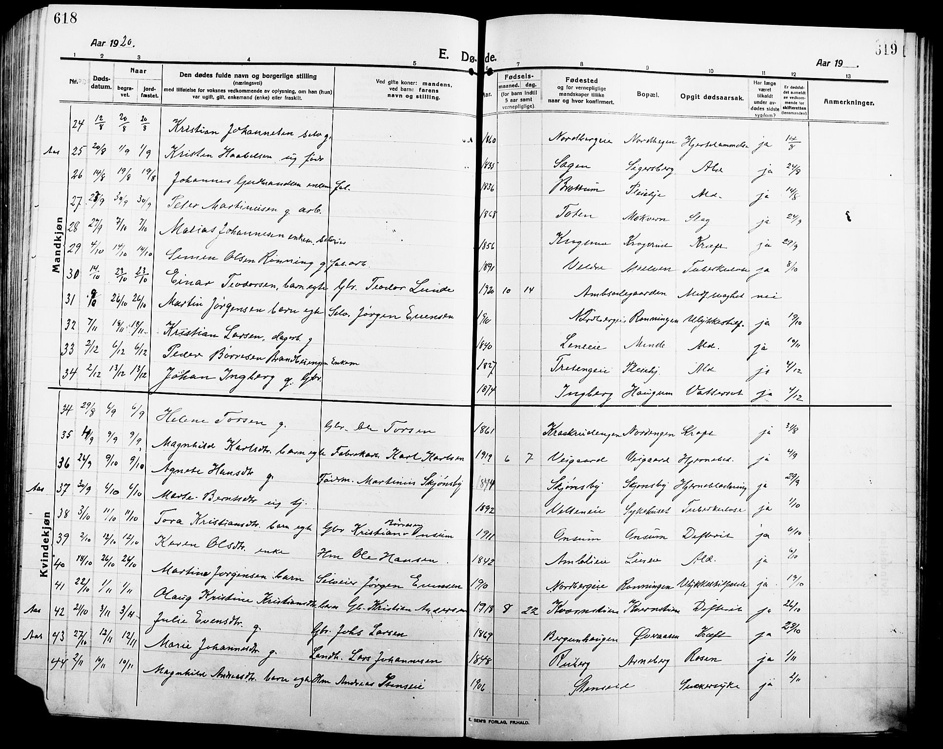 Ringsaker prestekontor, AV/SAH-PREST-014/L/La/L0018: Parish register (copy) no. 18, 1913-1922, p. 618-619