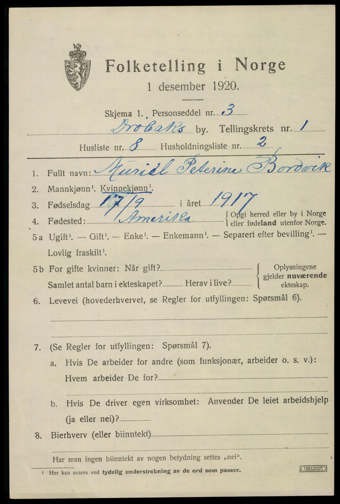 SAO, 1920 census for Drøbak, 1920, p. 2079