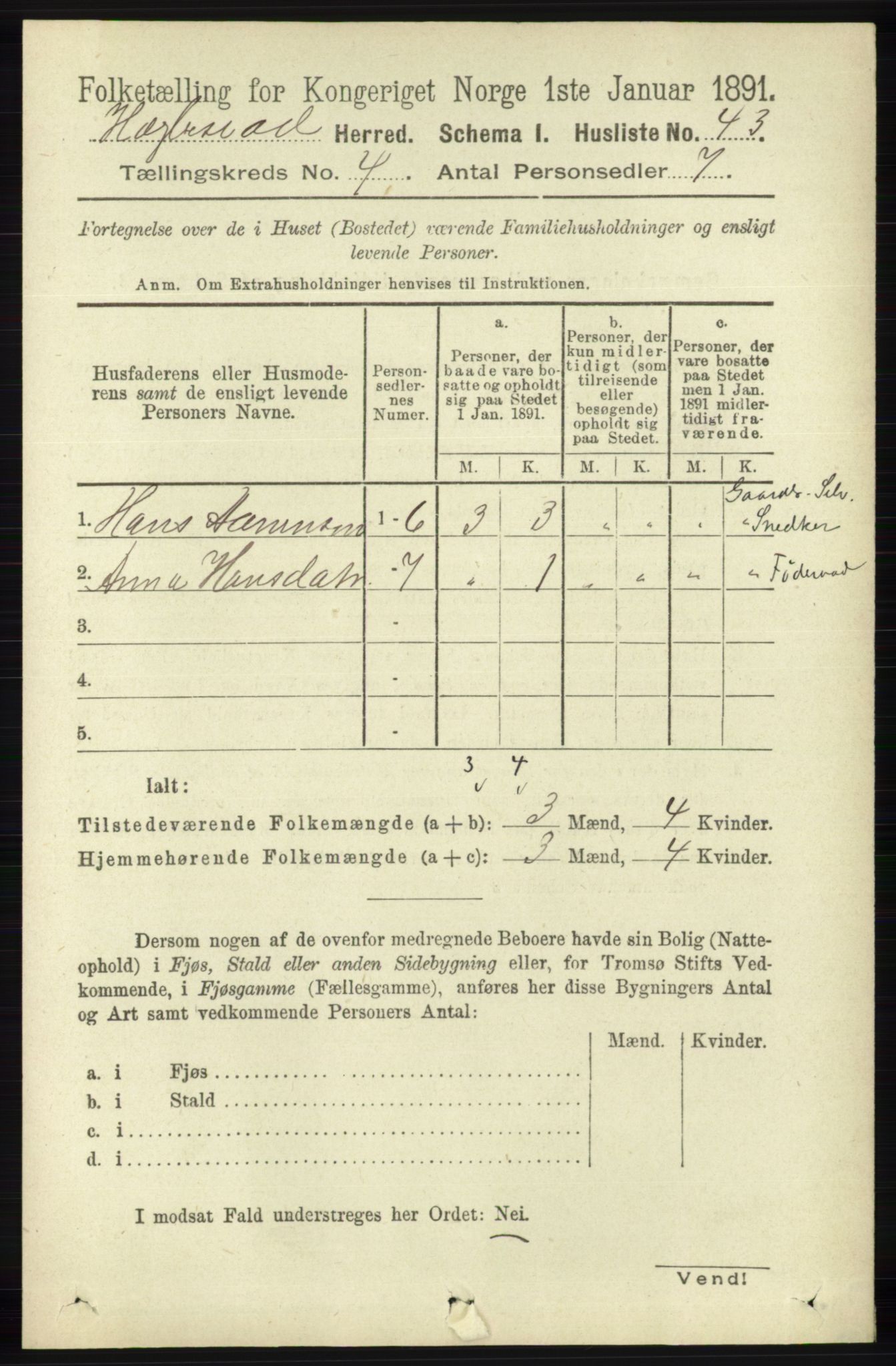 RA, 1891 census for 1034 Hægebostad, 1891, p. 1187