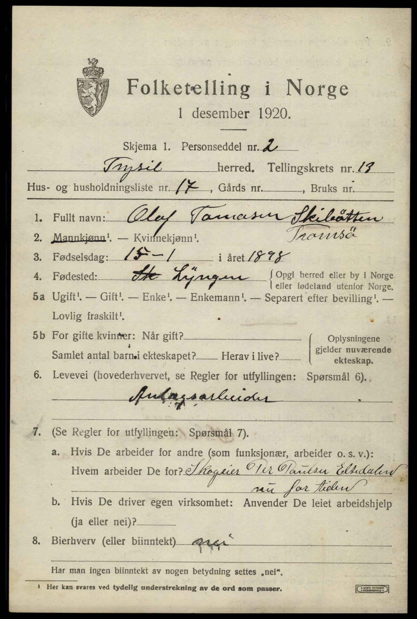 SAH, 1920 census for Trysil, 1920, p. 7863