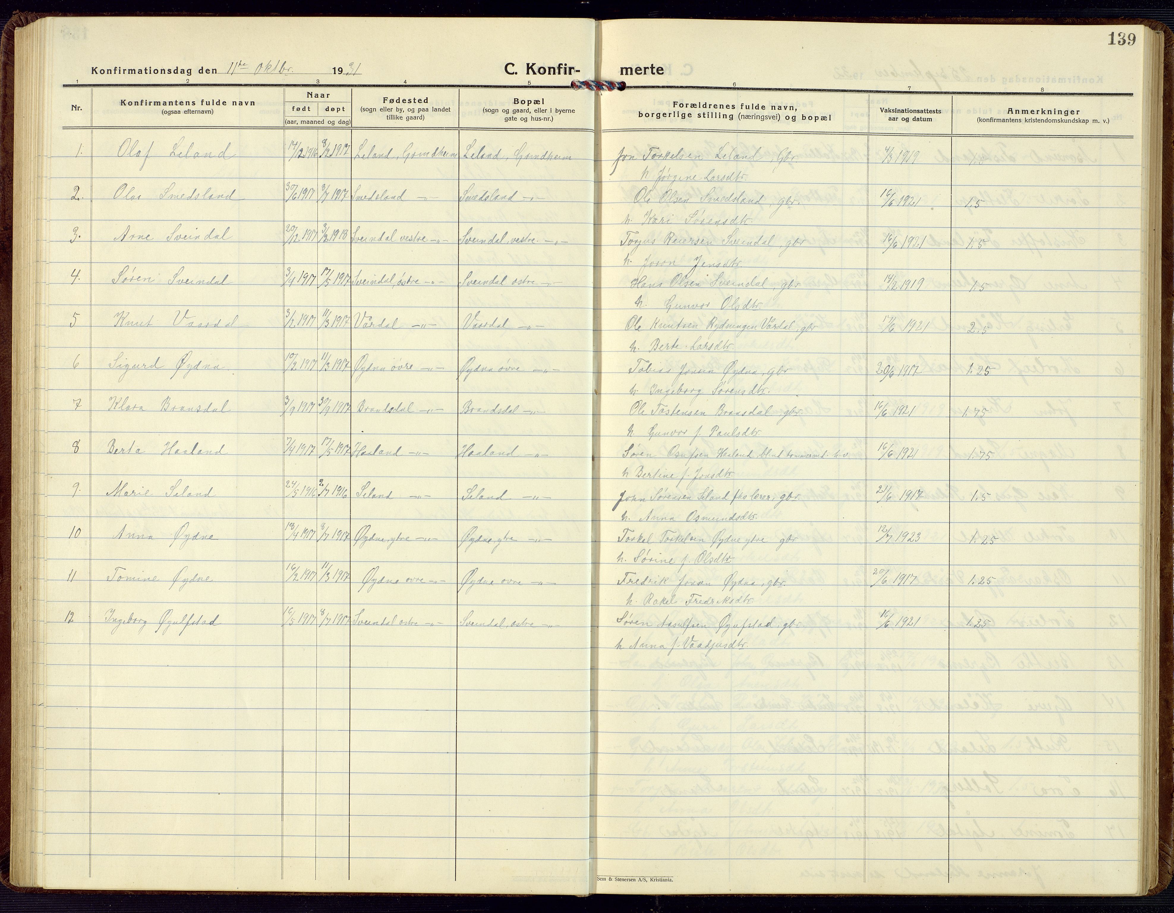 Bjelland sokneprestkontor, SAK/1111-0005/F/Fb/Fbc/L0004: Parish register (copy) no. B 4, 1921-1978, p. 139