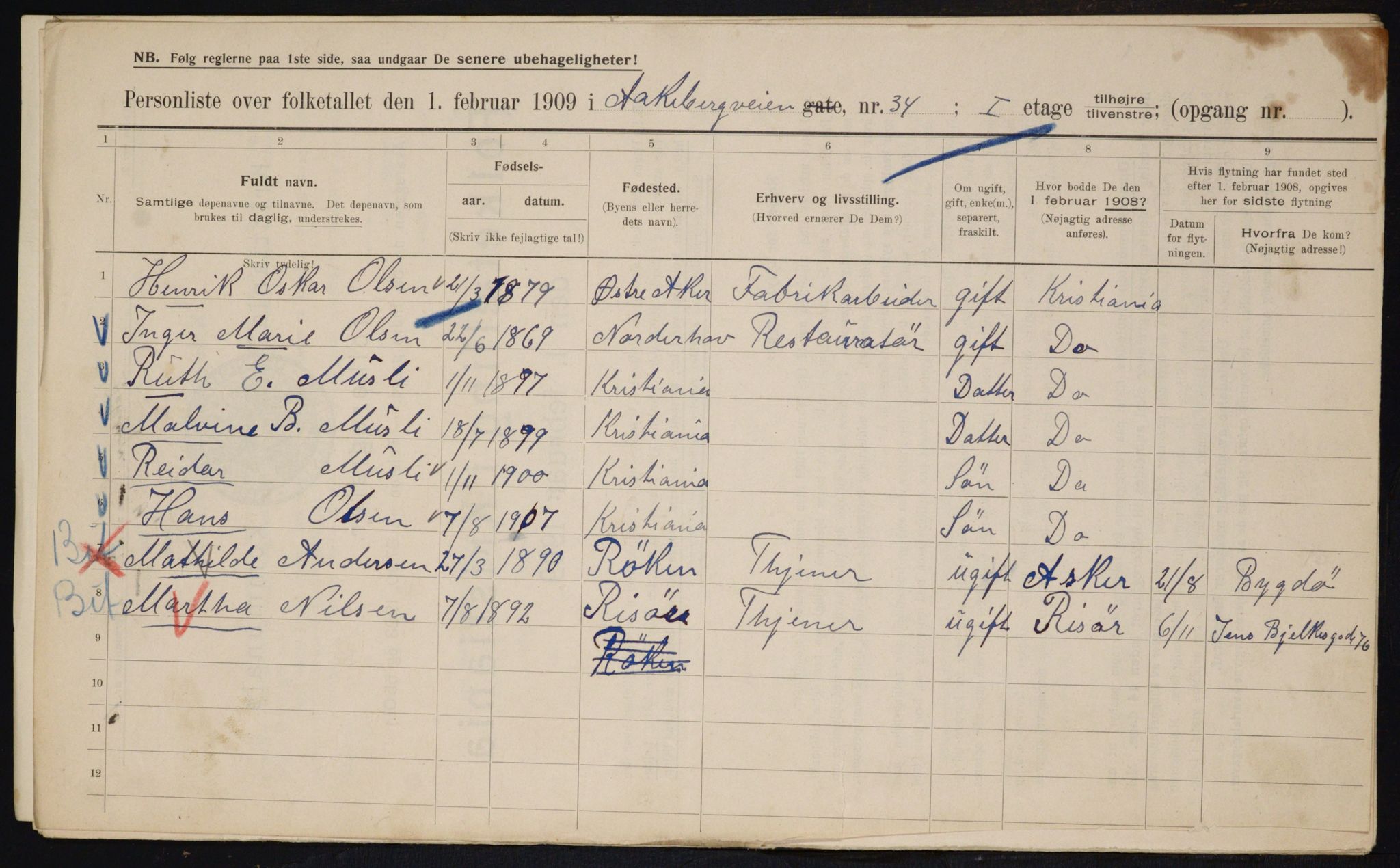 OBA, Municipal Census 1909 for Kristiania, 1909, p. 118517