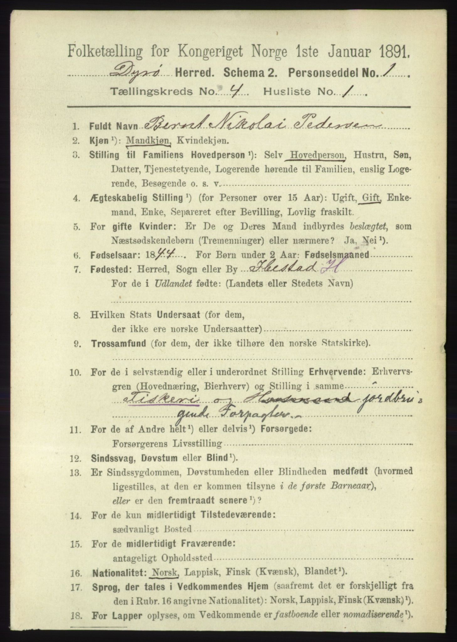 RA, 1891 census for 1926 Dyrøy, 1891, p. 1505