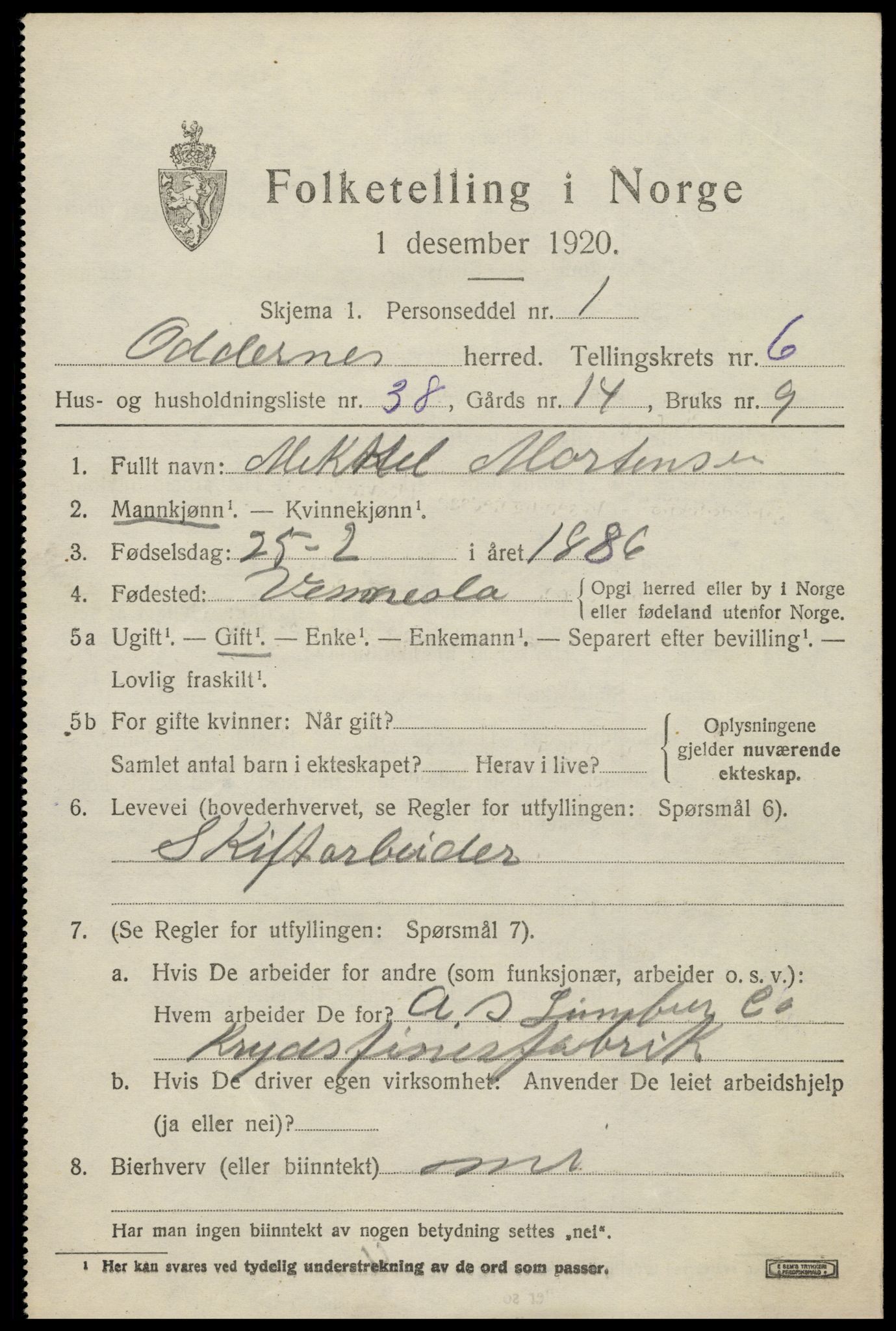 SAK, 1920 census for Oddernes, 1920, p. 5371