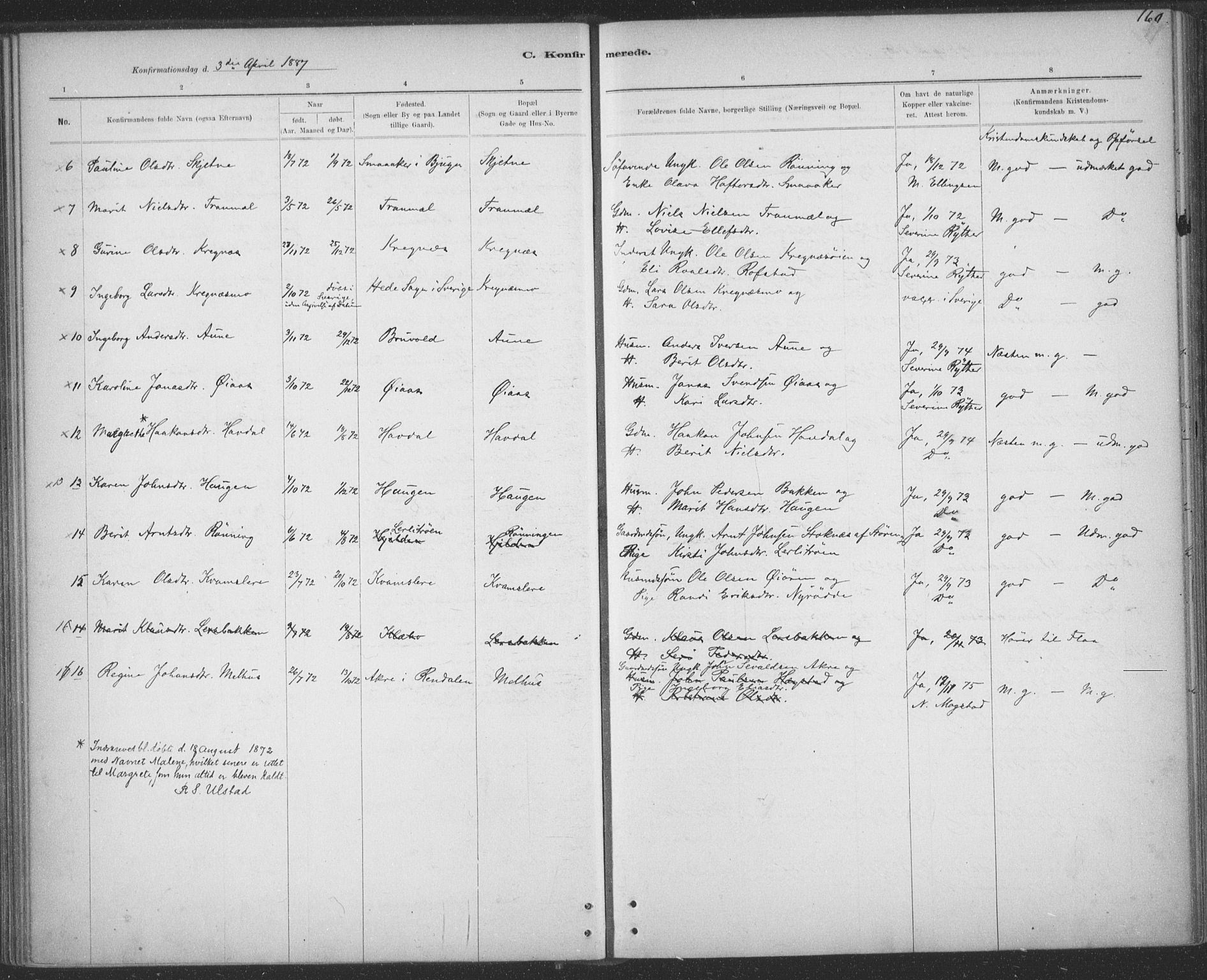 Ministerialprotokoller, klokkerbøker og fødselsregistre - Sør-Trøndelag, AV/SAT-A-1456/691/L1085: Parish register (official) no. 691A17, 1887-1908, p. 160