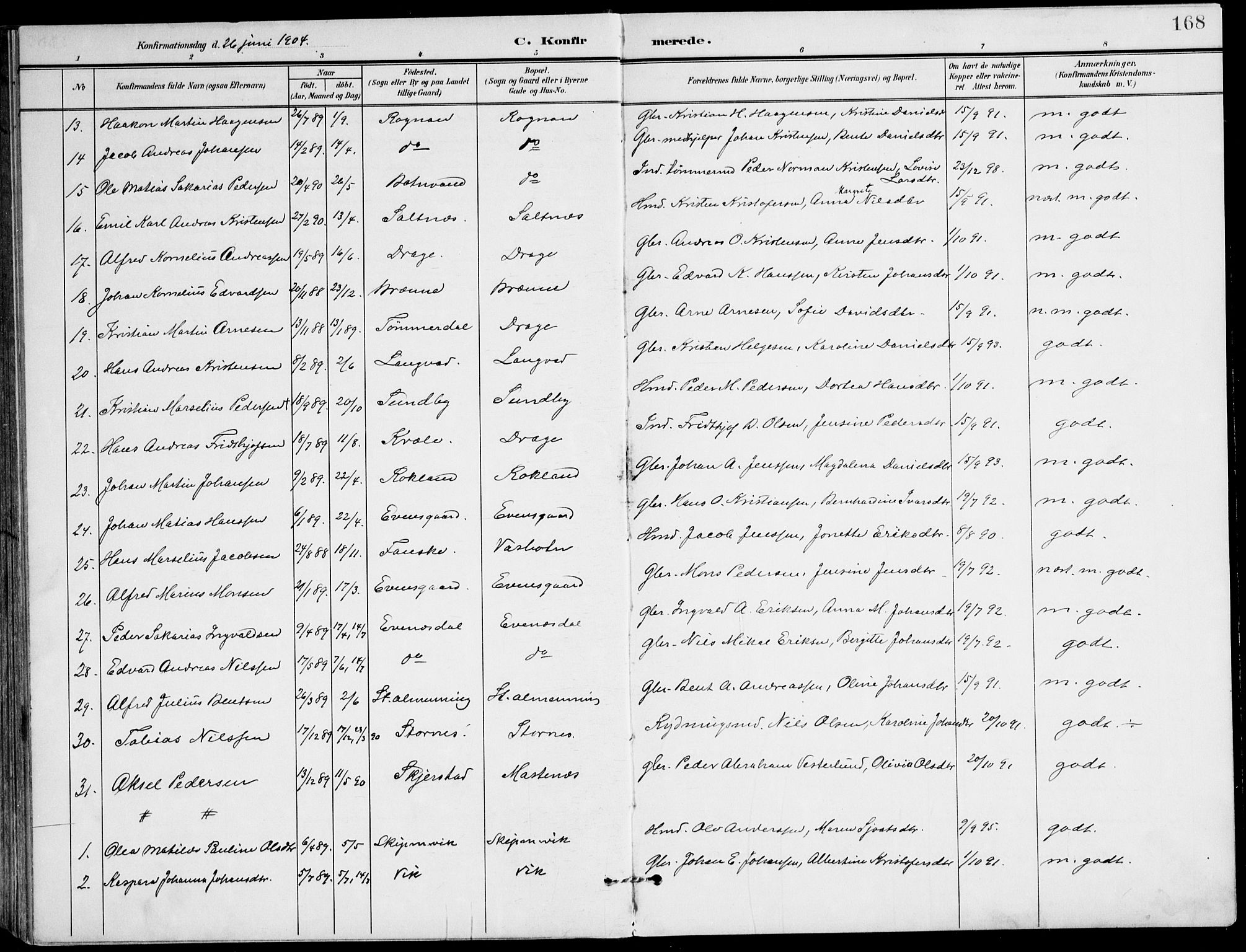 Ministerialprotokoller, klokkerbøker og fødselsregistre - Nordland, AV/SAT-A-1459/847/L0672: Parish register (official) no. 847A12, 1902-1919, p. 168