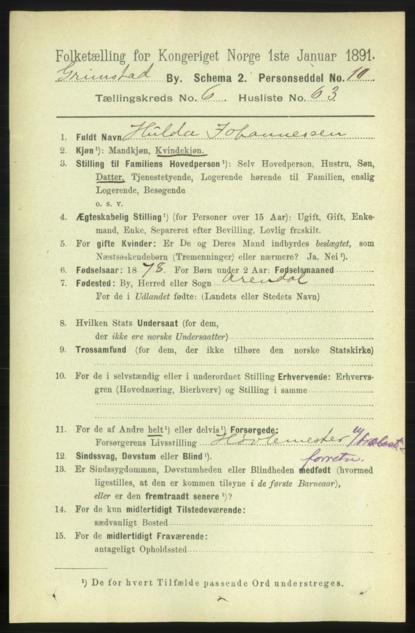 RA, 1891 census for 0904 Grimstad, 1891, p. 4155