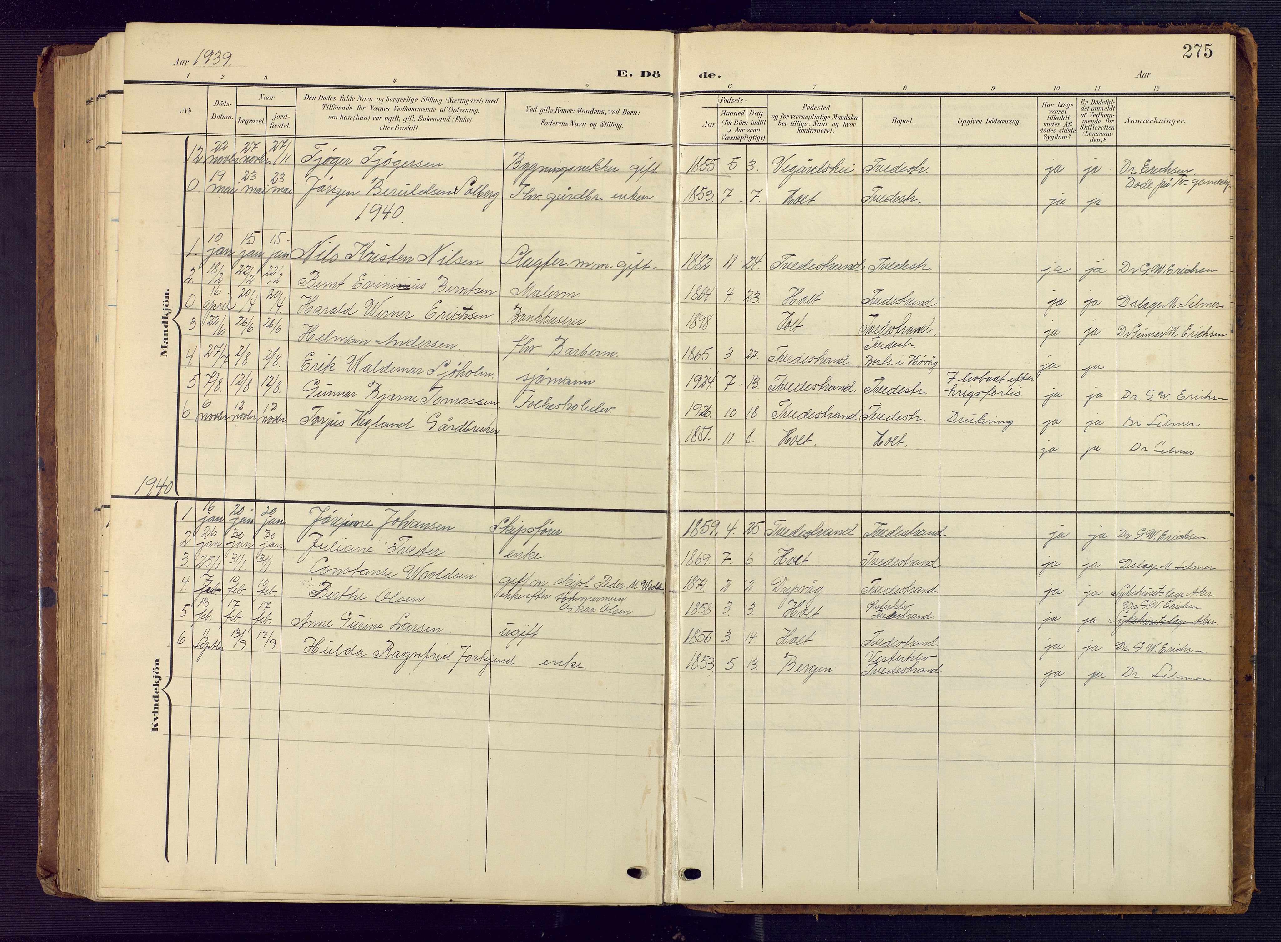 Tvedestrand sokneprestkontor, SAK/1111-0042/F/Fb/L0001: Parish register (copy) no. B 1, 1902-1956, p. 275