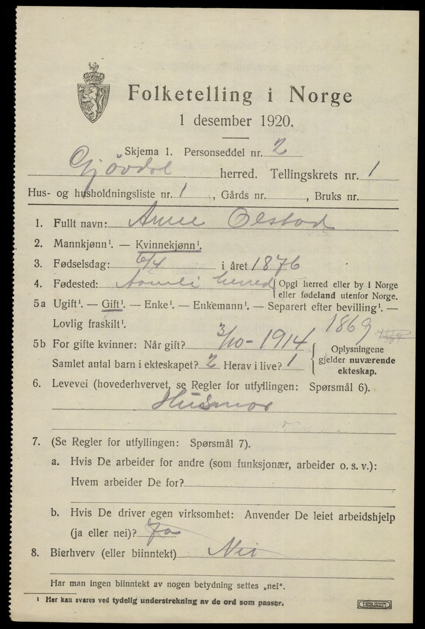 SAK, 1920 census for Gjøvdal, 1920, p. 228