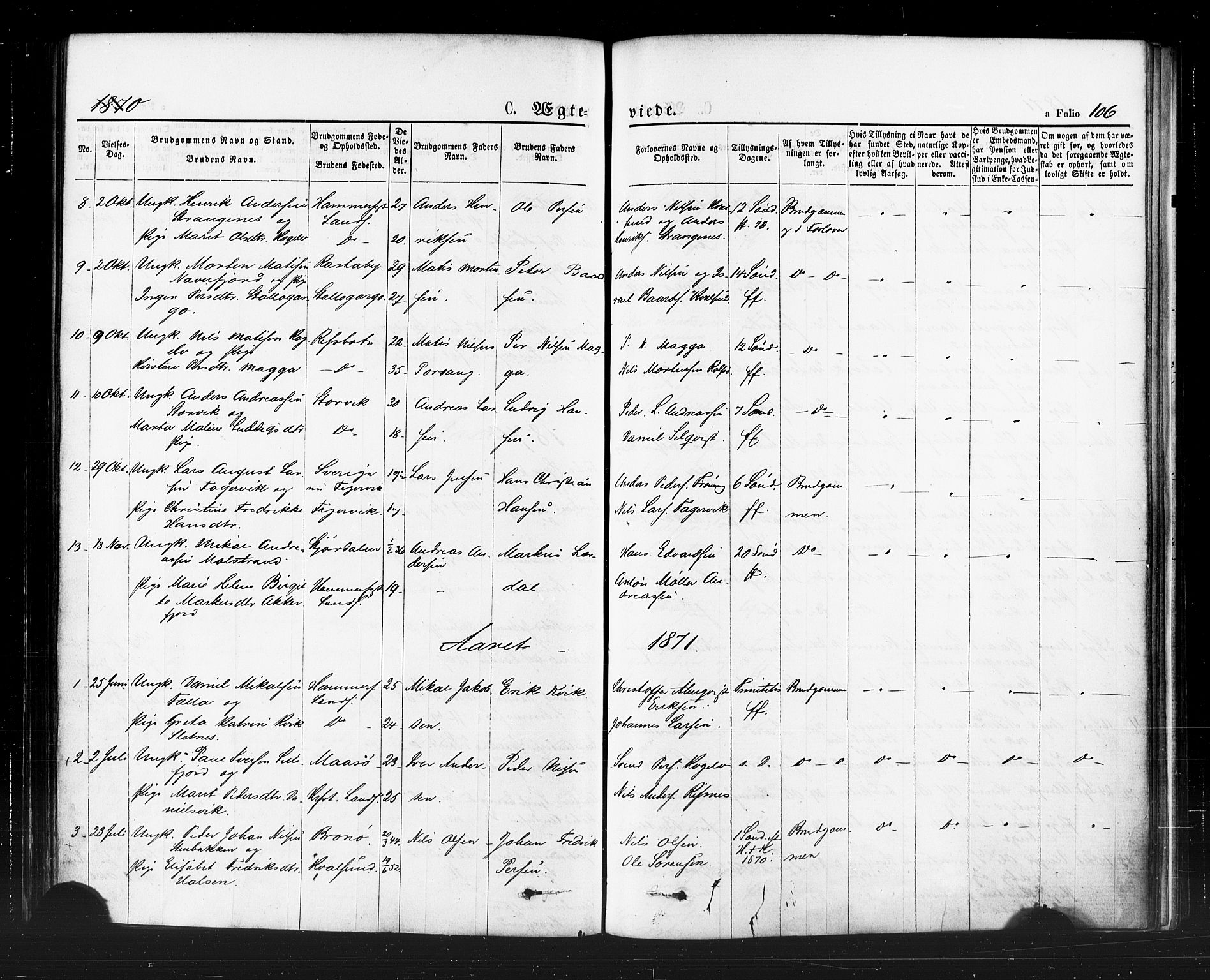 Hammerfest sokneprestkontor, AV/SATØ-S-1347/H/Ha/L0007.kirke: Parish register (official) no. 7, 1869-1884, p. 106