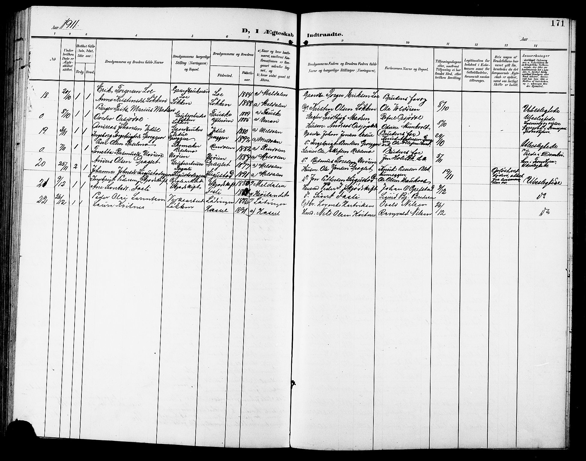 Ministerialprotokoller, klokkerbøker og fødselsregistre - Sør-Trøndelag, SAT/A-1456/672/L0864: Parish register (copy) no. 672C03, 1902-1914, p. 171
