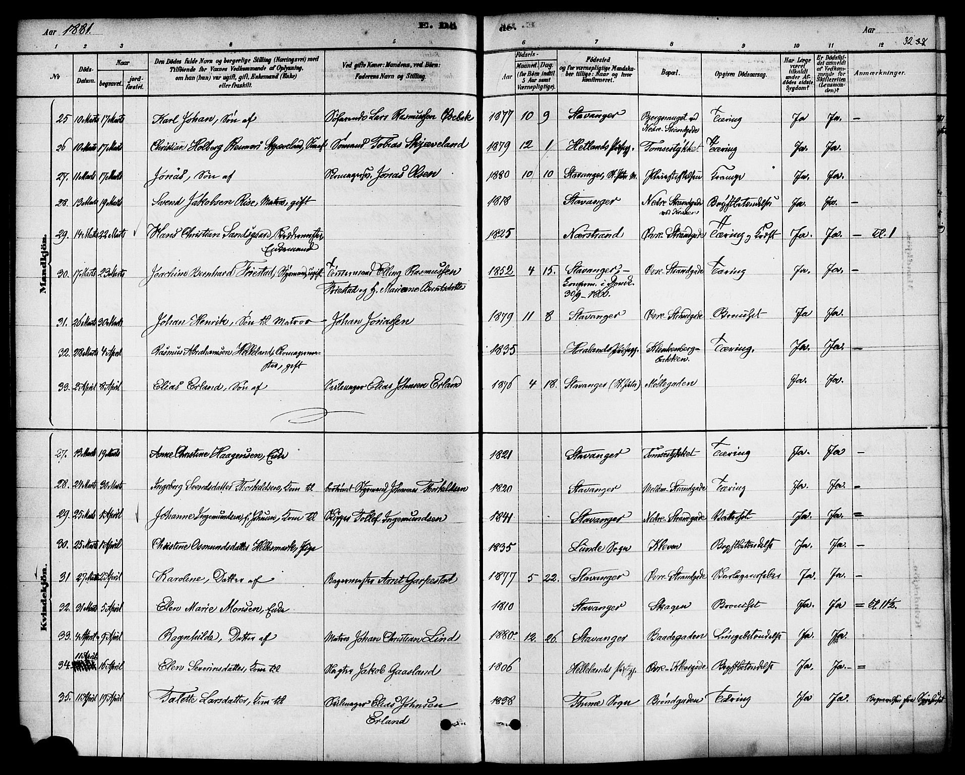 Domkirken sokneprestkontor, AV/SAST-A-101812/001/30/30BA/L0027: Parish register (official) no. A 26, 1878-1896, p. 32