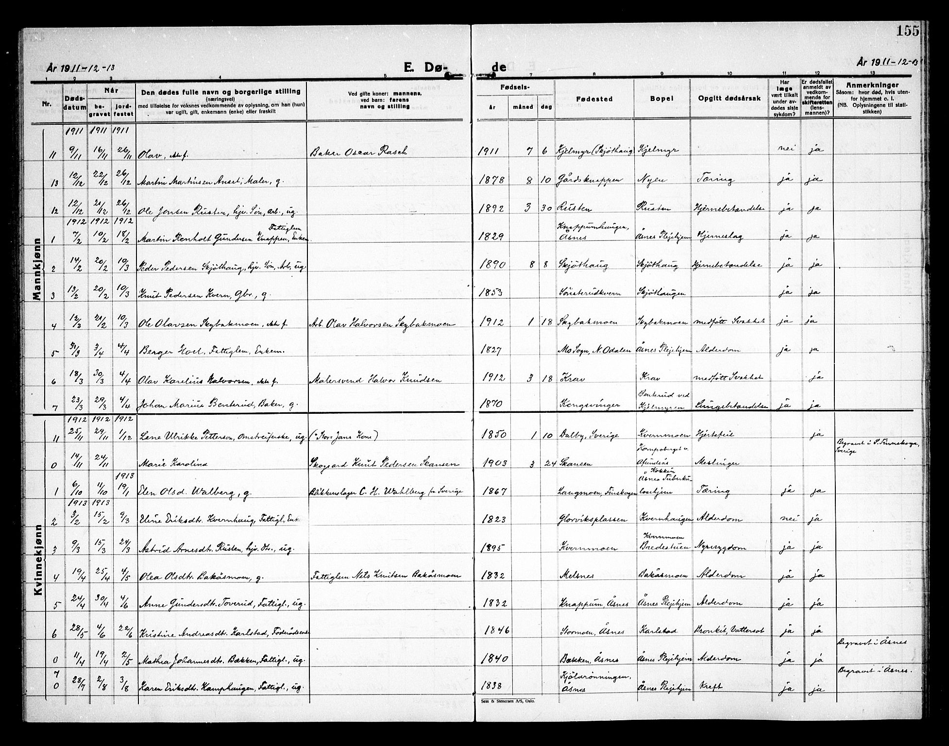 Åsnes prestekontor, SAH/PREST-042/H/Ha/Haa/L0000D: Parish register (official) no. 0B, 1890-1929, p. 155