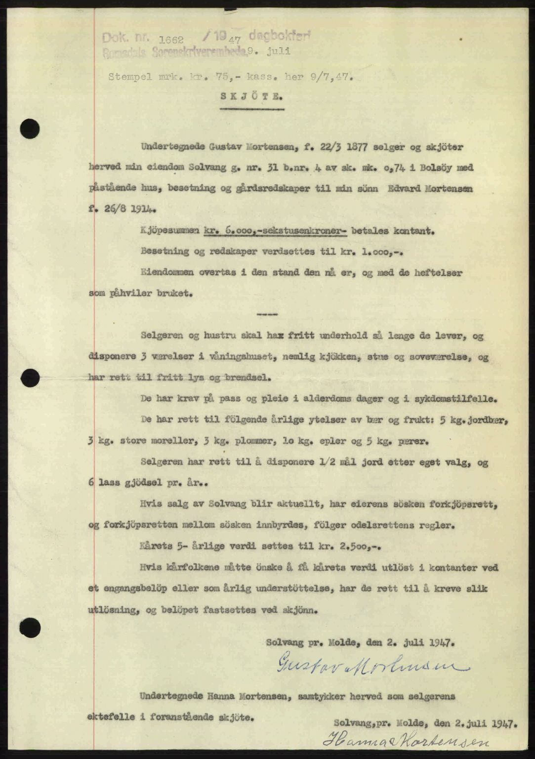 Romsdal sorenskriveri, AV/SAT-A-4149/1/2/2C: Mortgage book no. A23, 1947-1947, Diary no: : 1662/1947