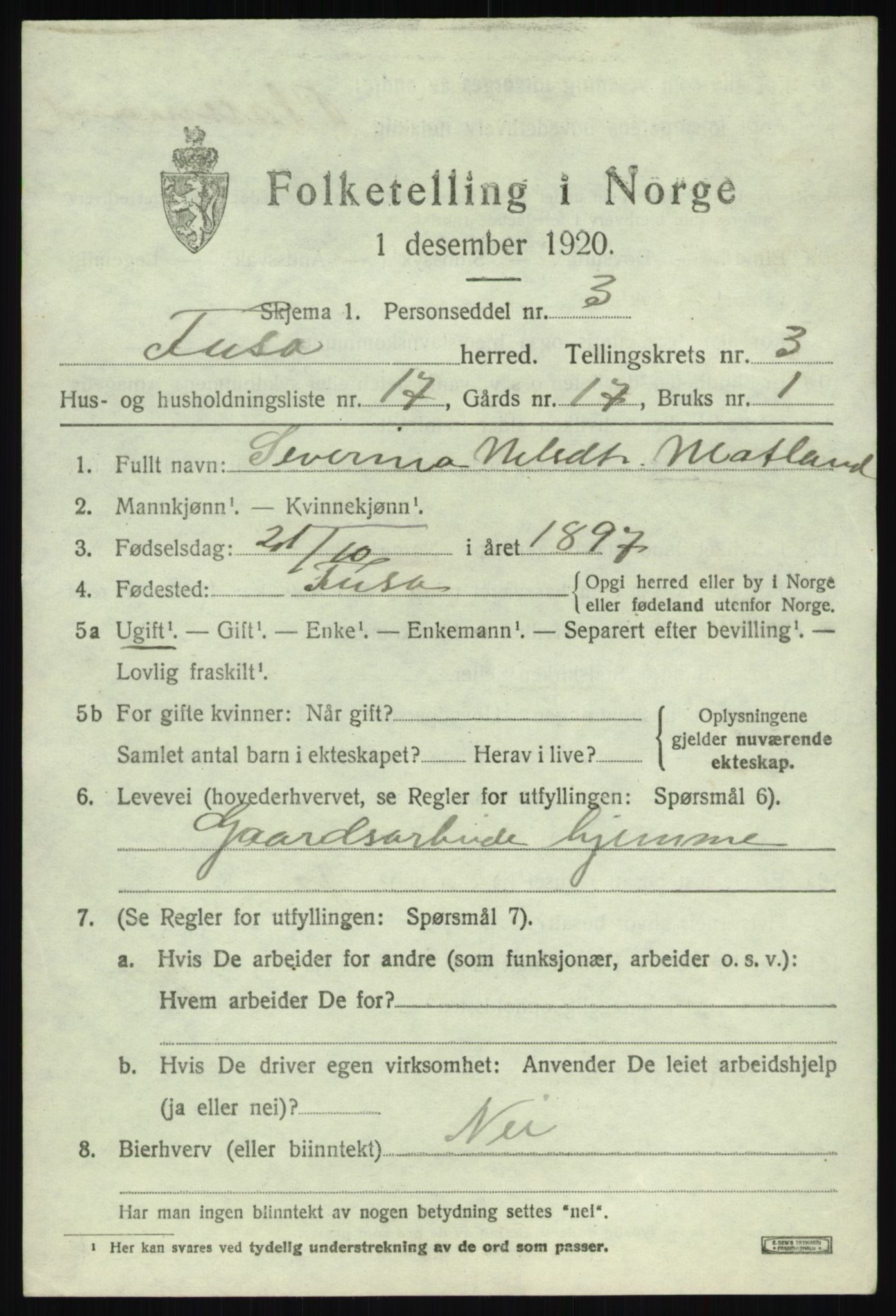 SAB, 1920 census for Fusa, 1920, p. 1539