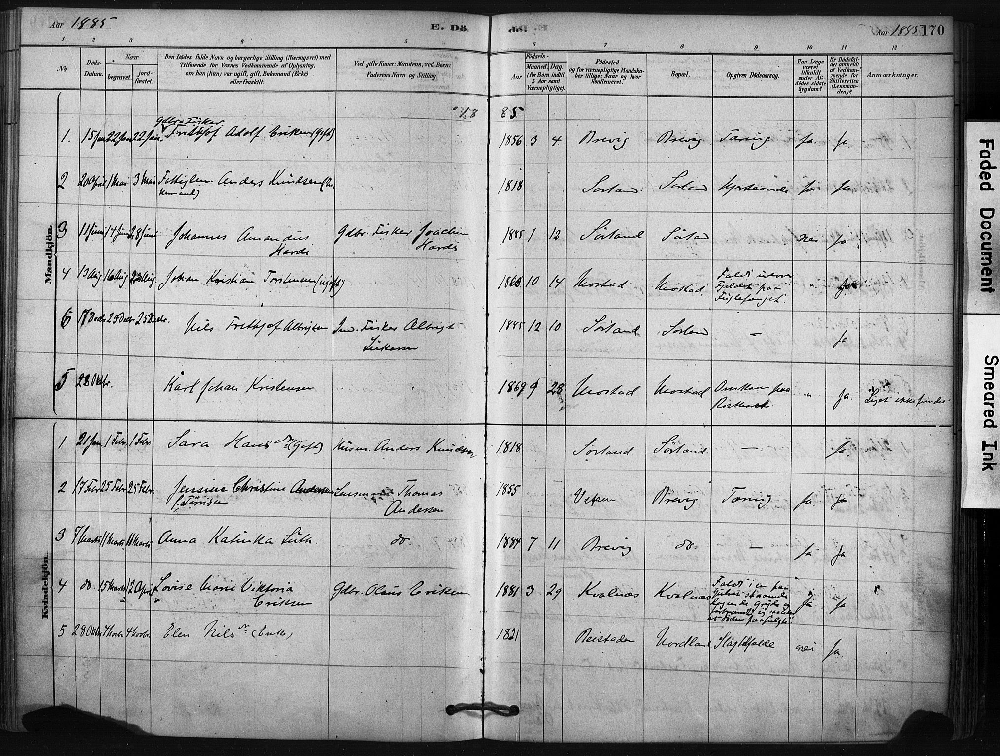 Ministerialprotokoller, klokkerbøker og fødselsregistre - Nordland, AV/SAT-A-1459/807/L0122: Parish register (official) no. 807A05, 1880-1902, p. 170