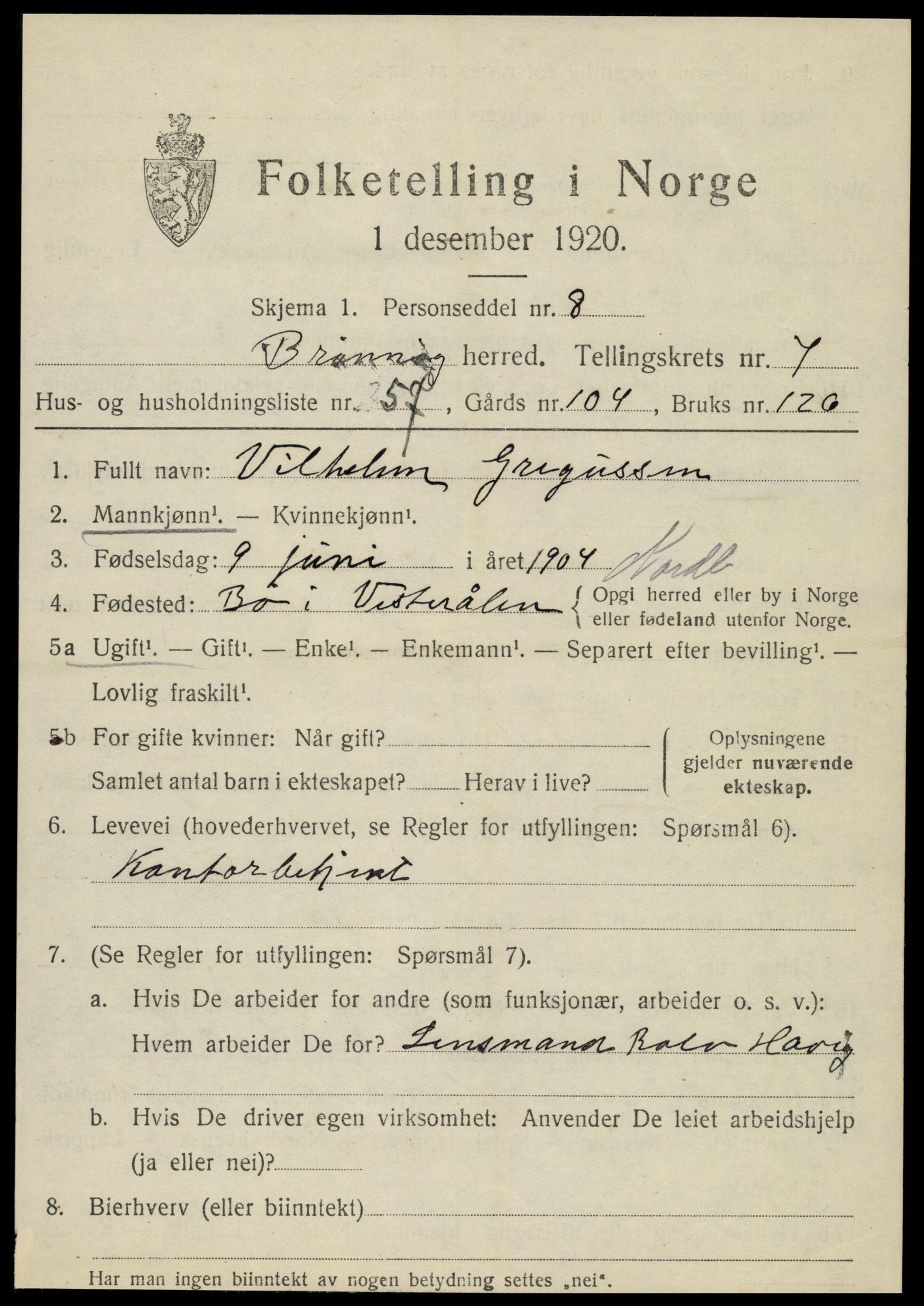 SAT, 1920 census for Brønnøy, 1920, p. 5872