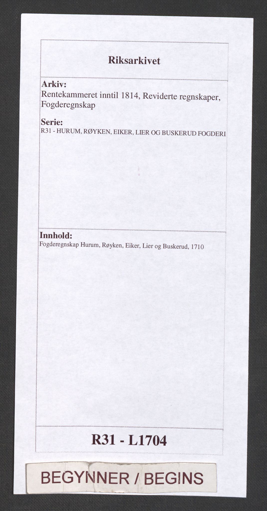 Rentekammeret inntil 1814, Reviderte regnskaper, Fogderegnskap, RA/EA-4092/R31/L1704: Fogderegnskap Hurum, Røyken, Eiker, Lier og Buskerud, 1710, p. 1