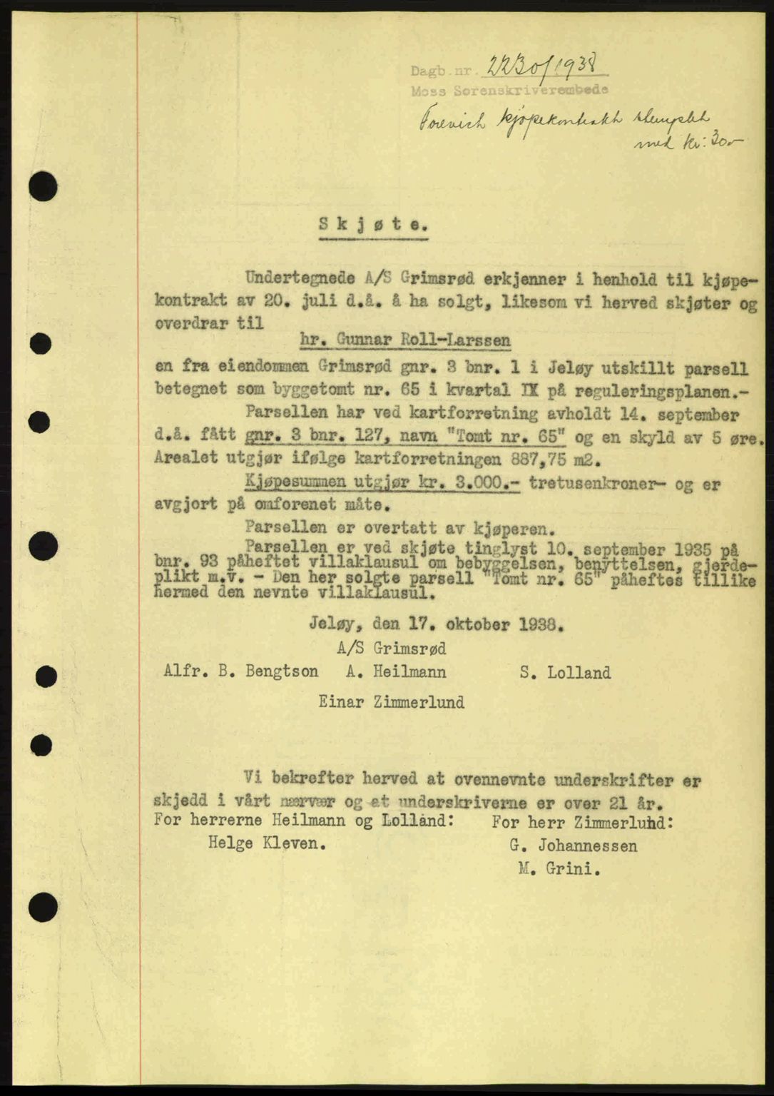 Moss sorenskriveri, SAO/A-10168: Mortgage book no. A5, 1938-1939, Diary no: : 2230/1938