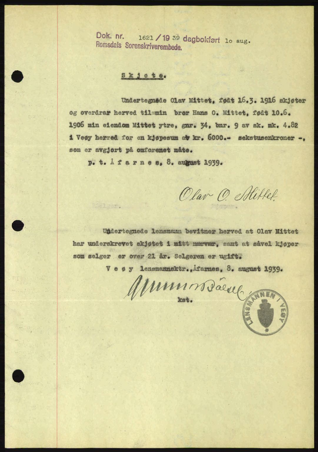 Romsdal sorenskriveri, AV/SAT-A-4149/1/2/2C: Mortgage book no. A7, 1939-1939, Diary no: : 1621/1939