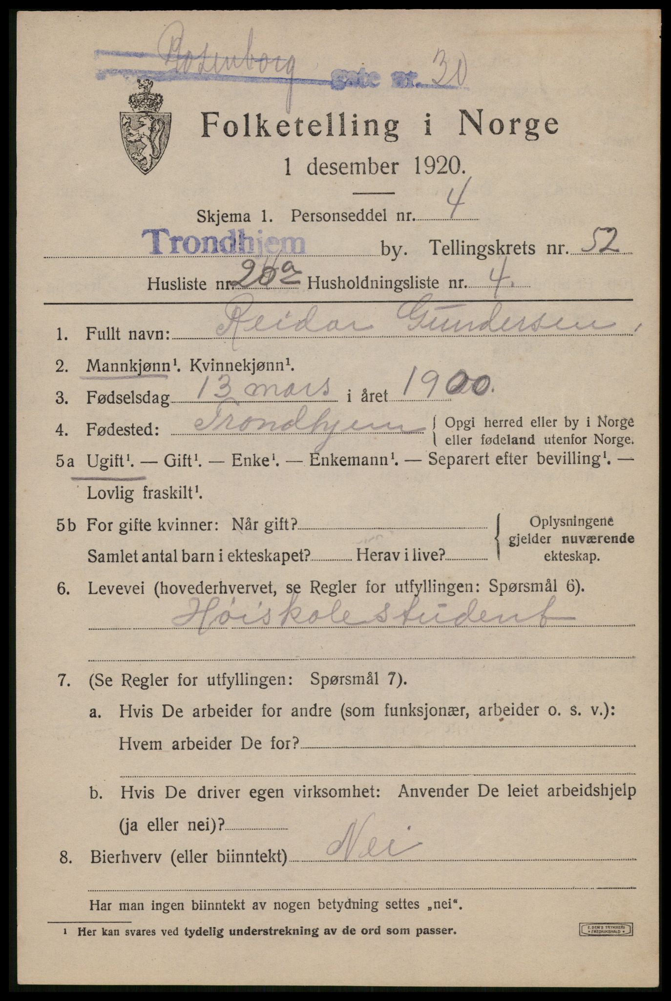 SAT, 1920 census for Trondheim, 1920, p. 107678