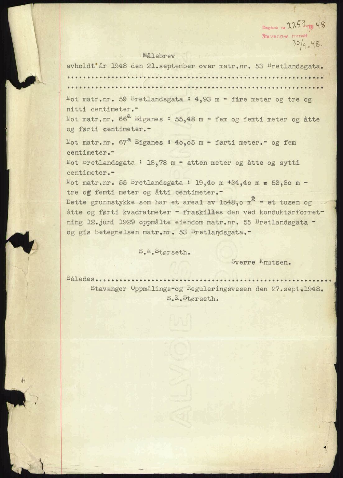 Stavanger byrett, SAST/A-100455/002/G/Gb/L0022: Mortgage book no. A11, 1947-1948, Diary no: : 2259/1948