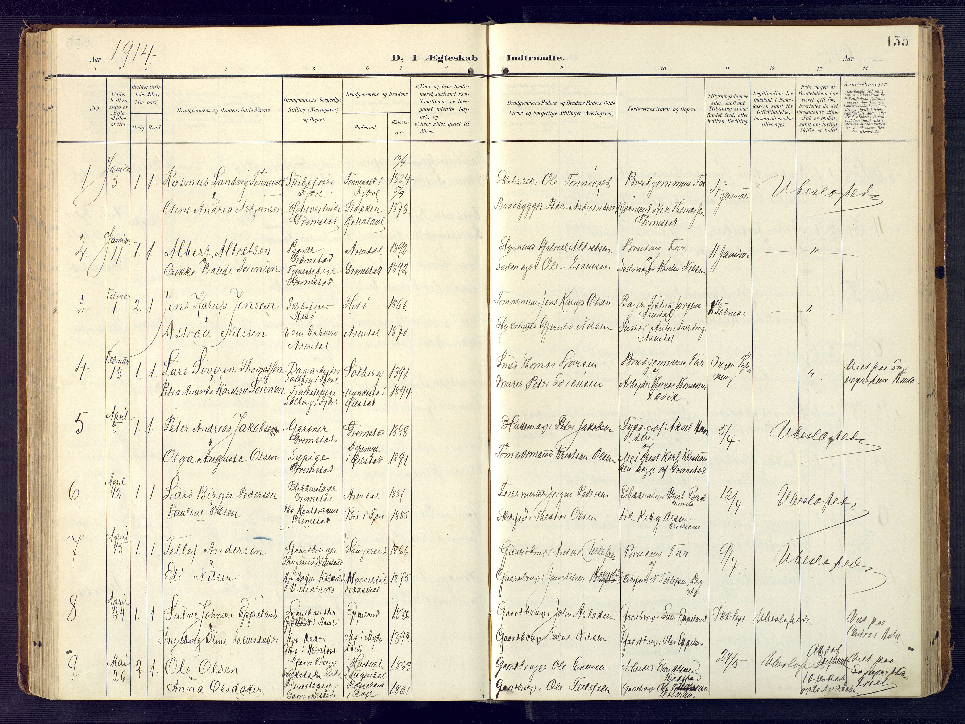 Grimstad sokneprestkontor, SAK/1111-0017/F/Fa/L0005: Parish register (official) no. A 4, 1911-1924, p. 155