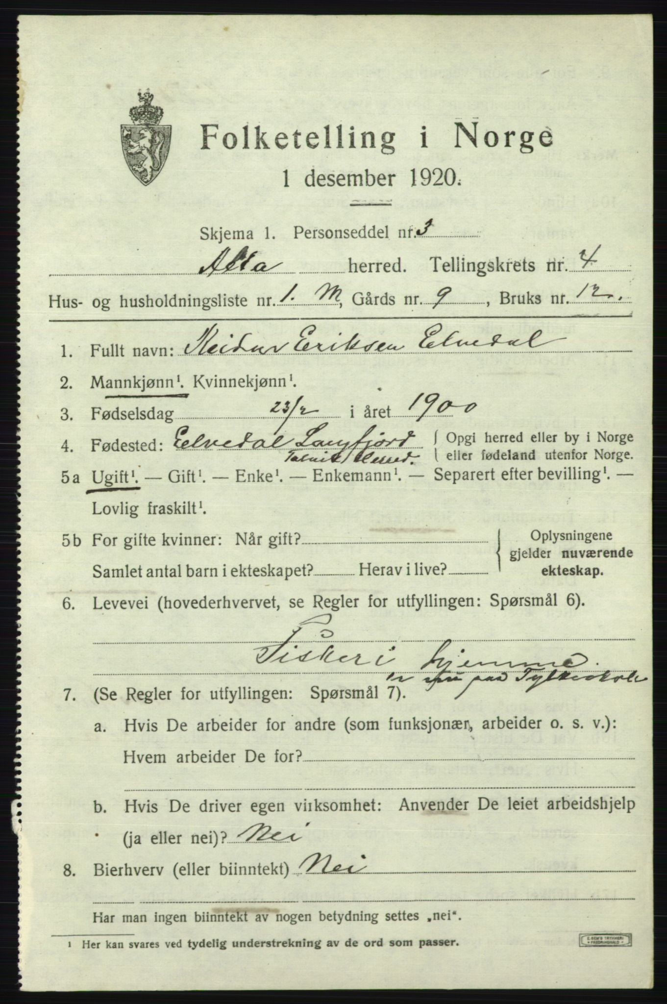 SATØ, 1920 census for Alta, 1920, p. 2601