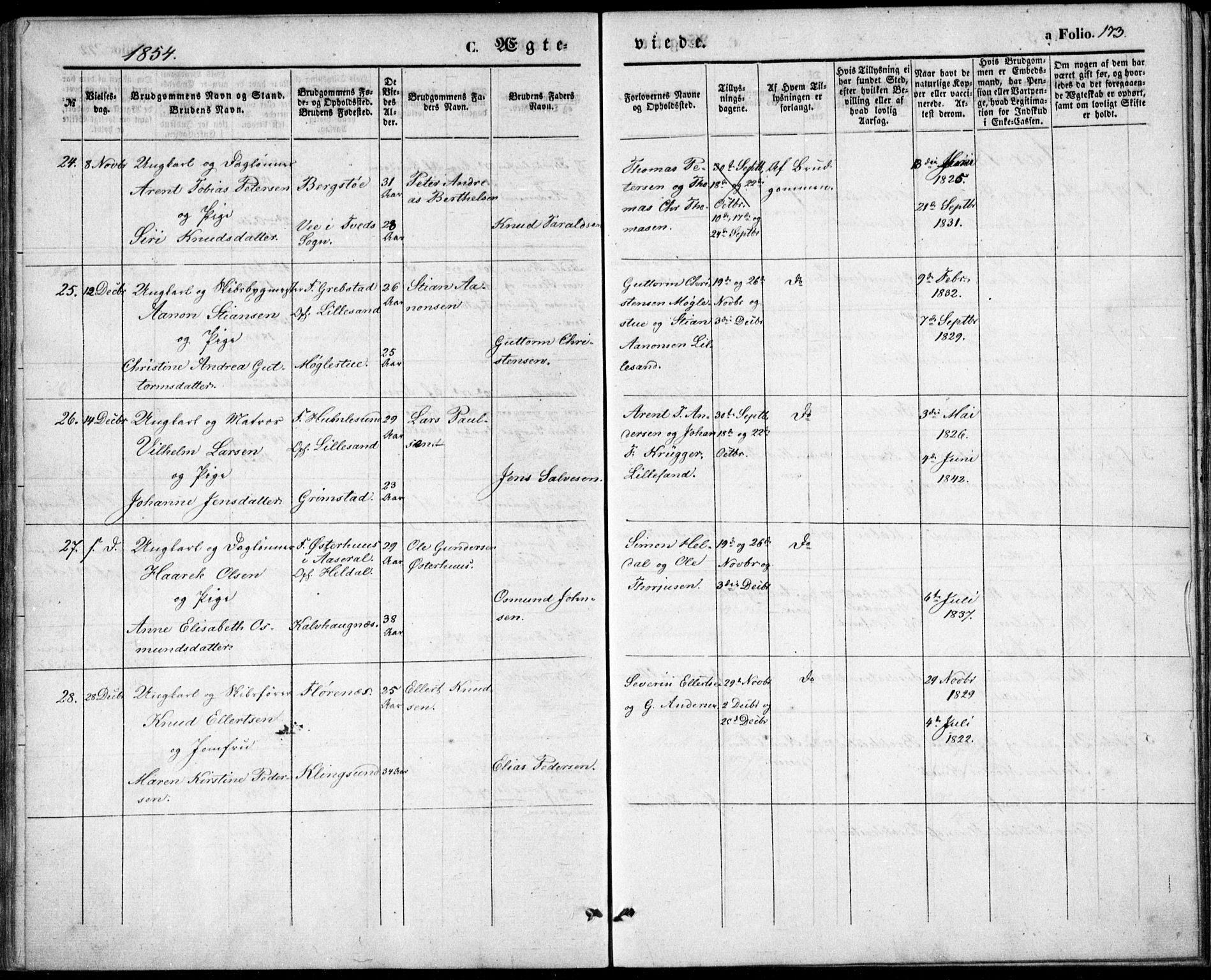 Vestre Moland sokneprestkontor, AV/SAK-1111-0046/F/Fb/Fbb/L0003: Parish register (copy) no. B 3, 1851-1861, p. 173