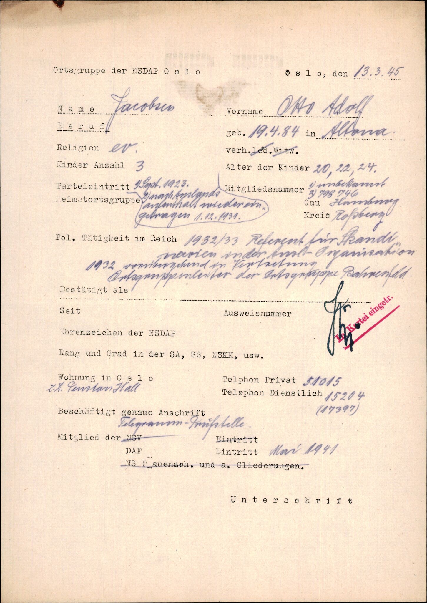 Forsvarets Overkommando. 2 kontor. Arkiv 11.4. Spredte tyske arkivsaker, AV/RA-RAFA-7031/D/Dar/Darb/L0015: Reichskommissariat - NSDAP in Norwegen, 1938-1945, p. 477