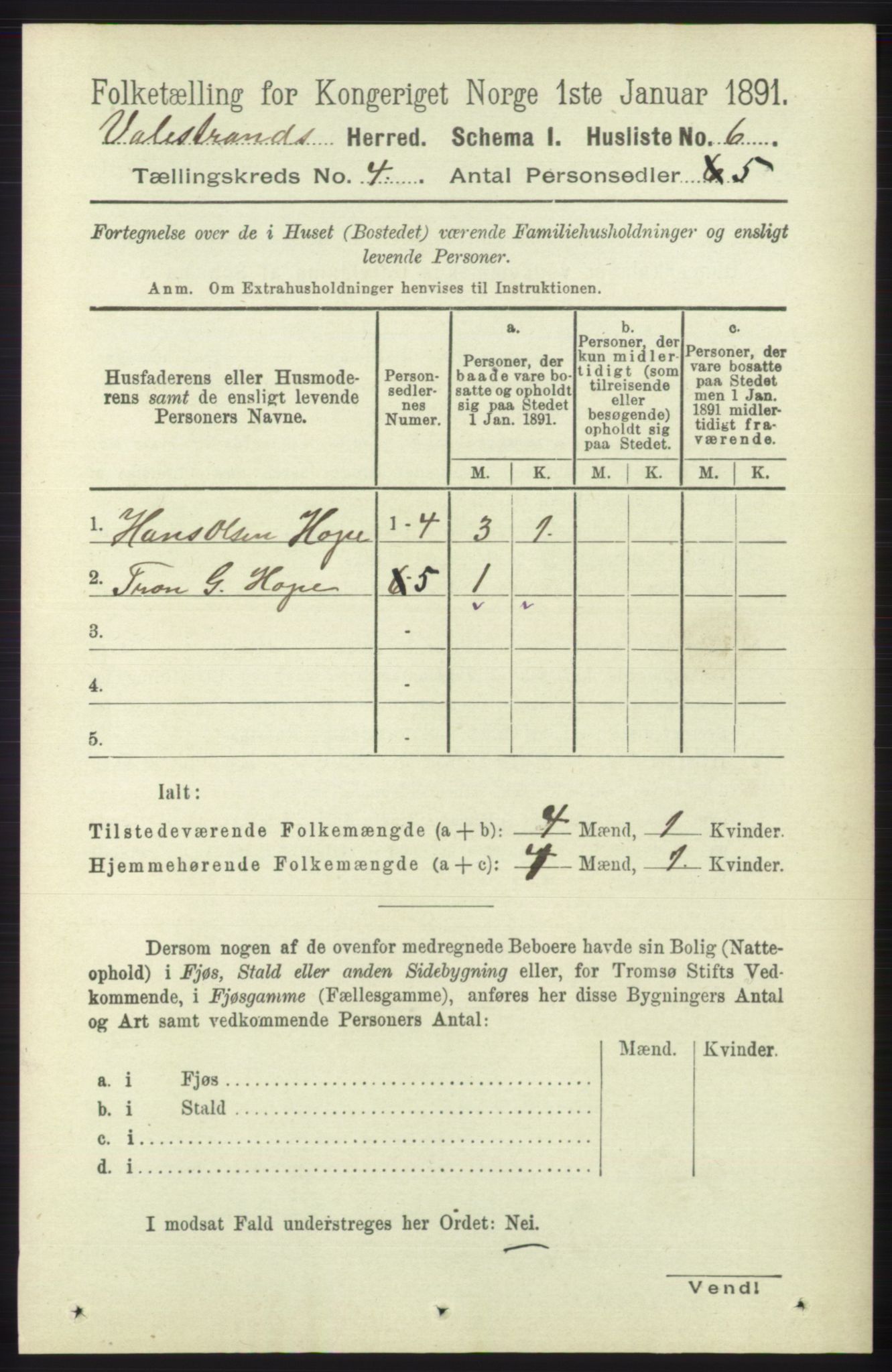 RA, 1891 census for 1217 Valestrand, 1891, p. 836